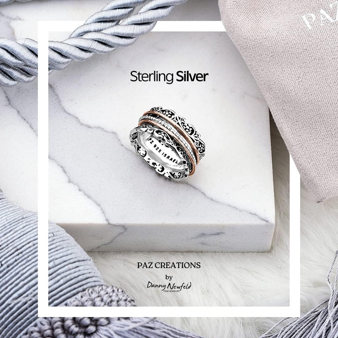 Paz Creations 925 Sterling Silver Spinner Ring for Woman, Anxiety Fidget Rings Hand Crafted, Vintage Style, with 1 Year Warranty