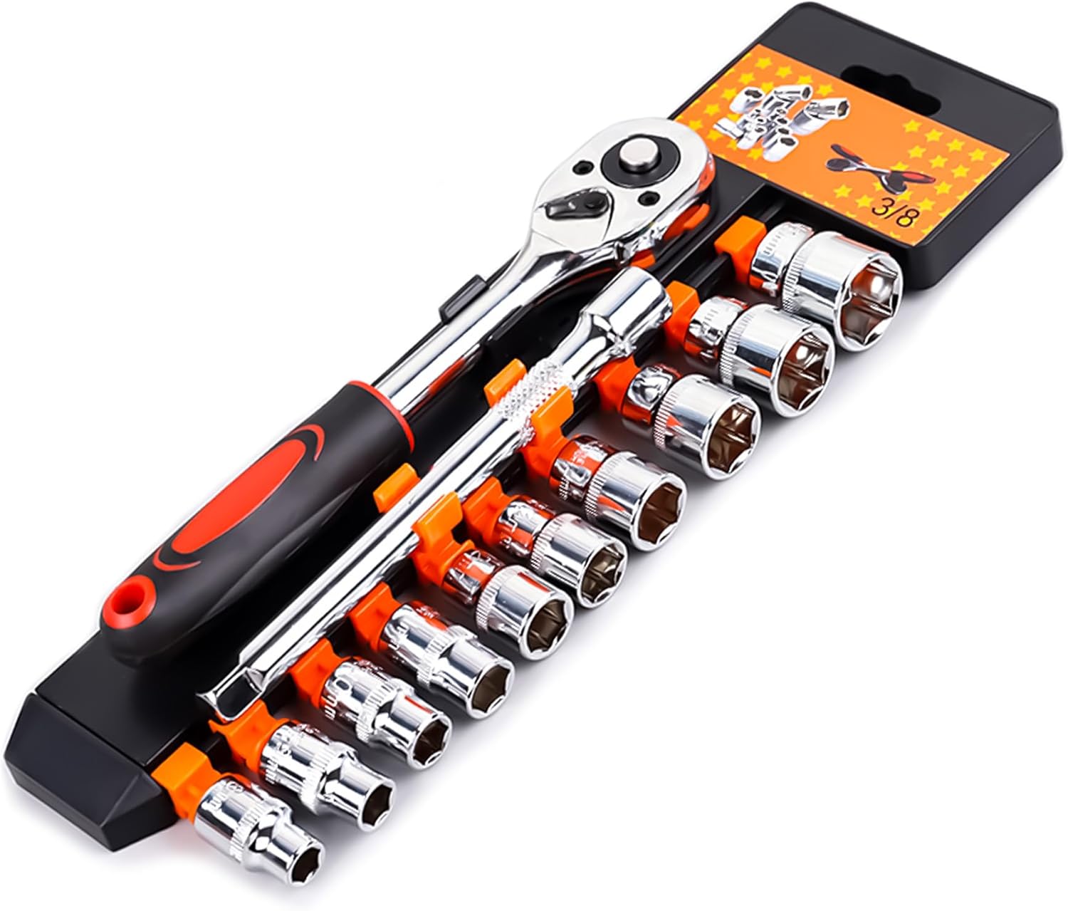 3/8" Drive Socket Set, 12-Piece Ratchet Set with 10 Metric Sockets 8-19mm, 24-Tooth Quick-Release Ratchet Handle & 6" Extension Bar, CR-V Steel with Storage Case for Automotive & Home Repairs & DIY