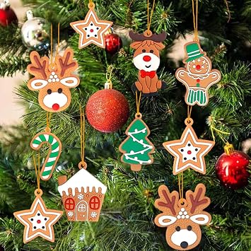 16 PCS Christmas Hanging Ornaments Clay Gingerbread House Soft PVC Rubber Christmas Tree Reindeer Snowman Santa Tree Star Cane for Xmas Trees Gift Box Adornments Holiday Decorations