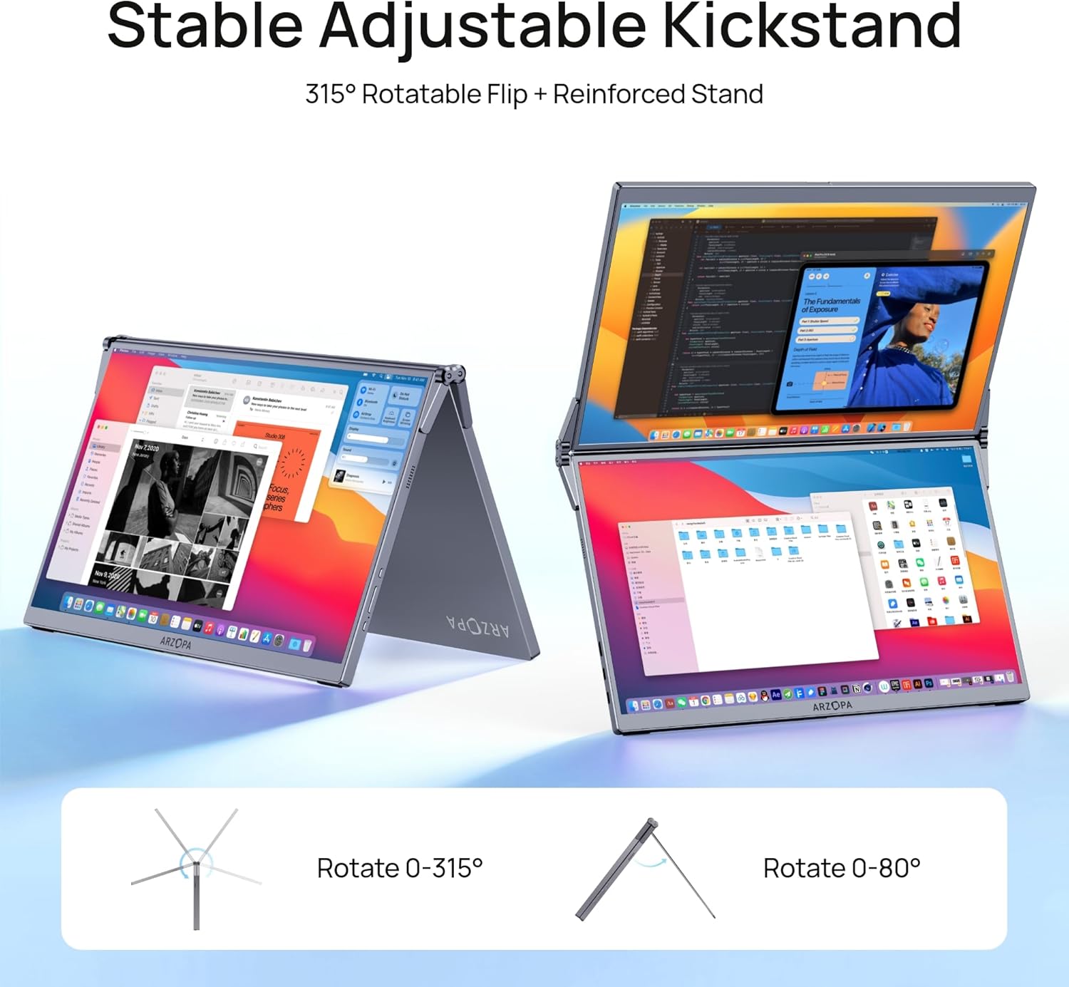 ARZOPA 15.6" Dual Portable Monitor for Laptop, Foldable Stackable FHD 1080P 100% sRGB IPS Extender, USB C & HDMI Connectivity, Adjustable Kickstand, for Mac PC Windows Gaming Office Travel-E1 Gray