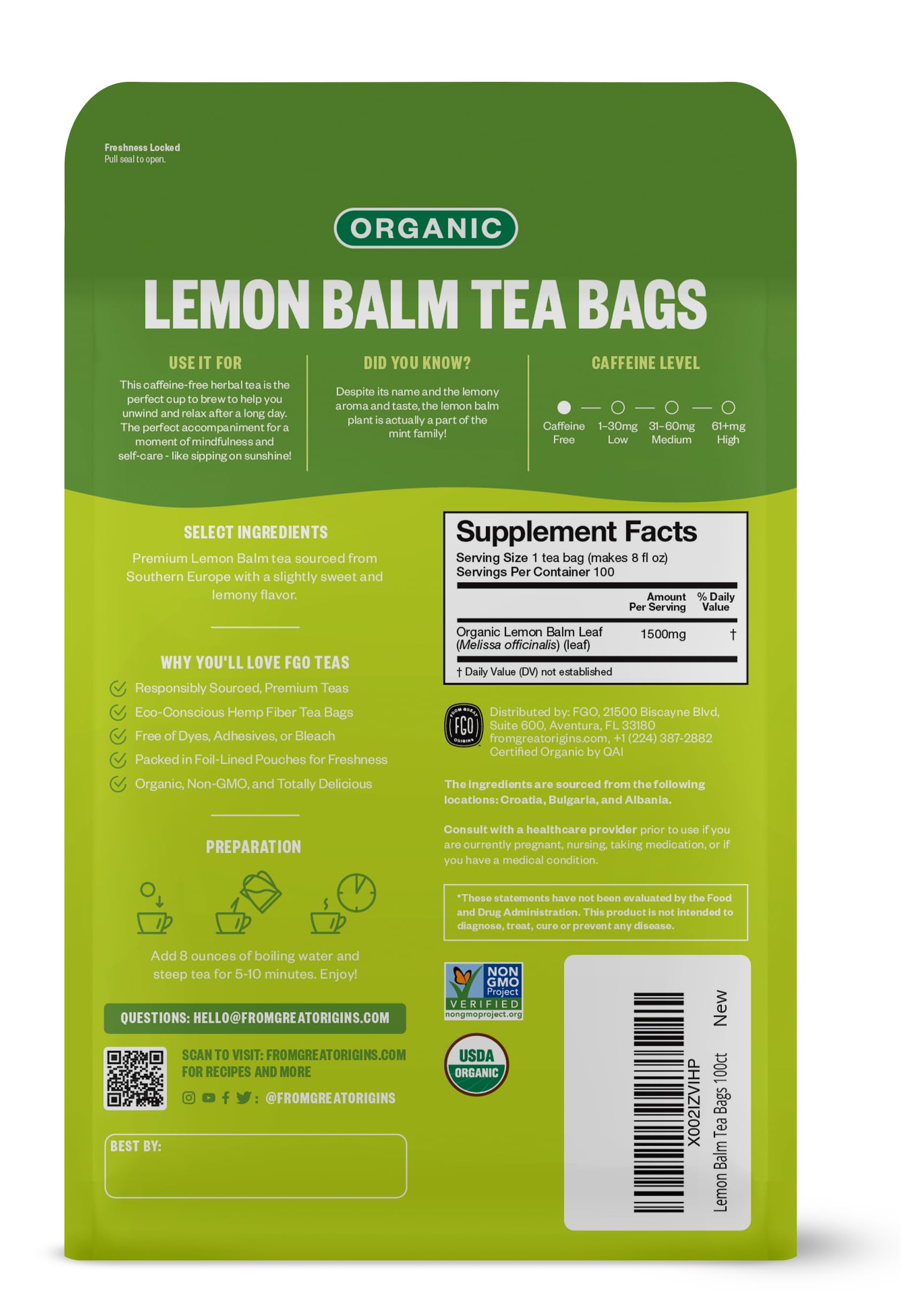 FGO Organic Lemon Balm Tea 100 Count Eco-Conscious Herbal Tea Bags Resealable Bag Caffeine Free Packaging May Vary — view 2