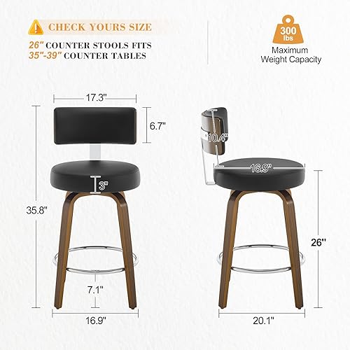 Miniatura 2 de Bekrvio Swivel Counter Height Bar Stools Set of 3, Faux Leather Kitchen Stools Upholstered Barstools with Back, Walnut Wood Legs, Mid Century Island