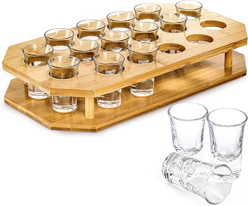 SOUJOY Juego de 16 bandejas de vidrio de chupito, juego de vasos de chupito de 1 onza con bandeja de bambú, soporte para servir fiestas para bar,