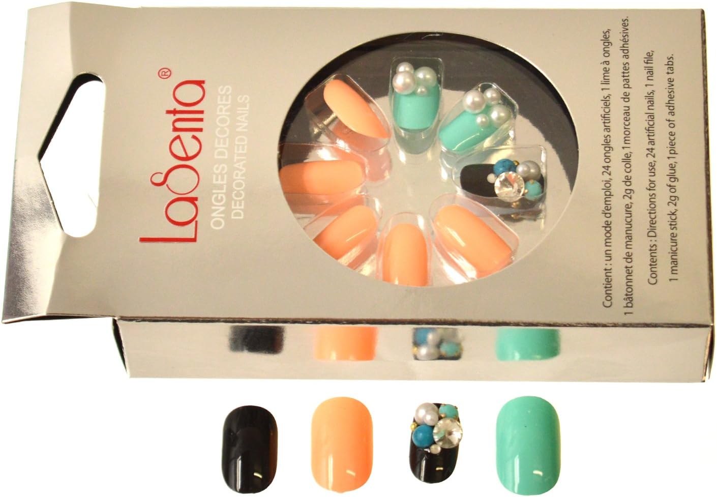 LaSenta® Artificial Decorated Nails – Mint Green, Light Orange and Black with Pearls Fashion Accessories