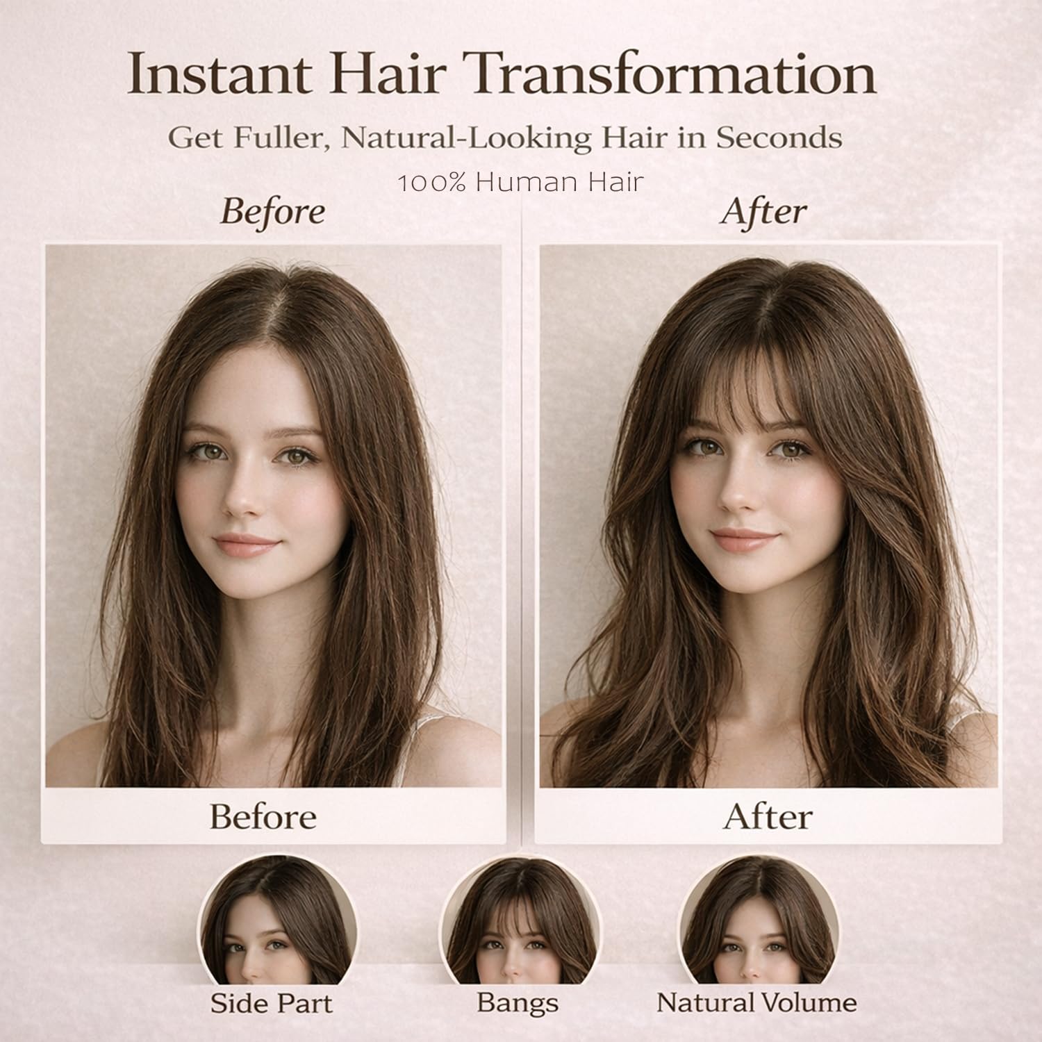 Hair Toppers for Women Real Human Hair, 360° 3D Human Hair Toppers for Women with Thinning Hair Upgrade Middle Part Clip in Bangs (Dark Brown(Big Coverage), 12 Inch-3D-Wispy)