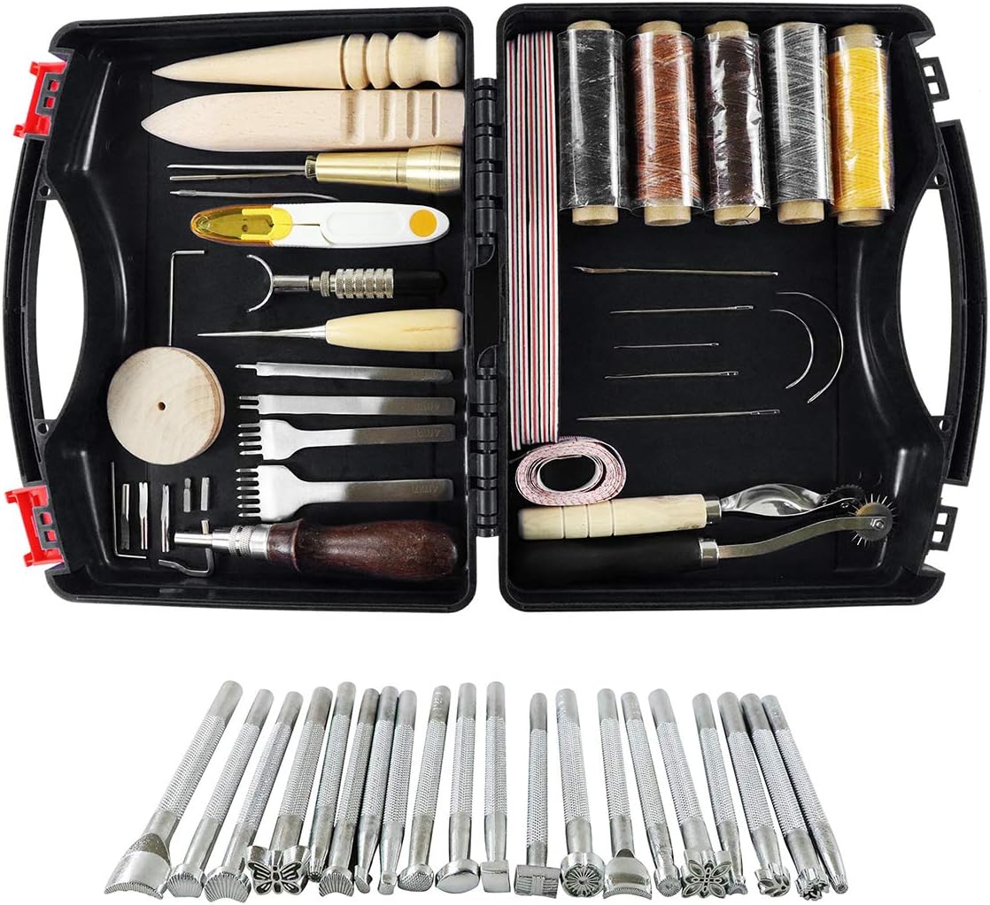 WHDZ 52pcs Leather Sewing Tools Kit DIY Leather Craft Tools Hand Stitching Tool Set, Prong Punch, Leather Stamping Tools, Wax Ropes Needles for Stitching Punching Cutting Sewing DIY Leather Craft Work