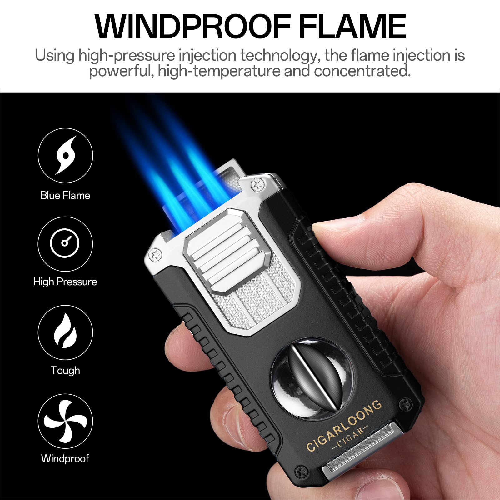 Briquet à Cigare Multifonction 5 en 1 avec Coupe Cigare en V, poinçon, Aiguilles, Porte-Cigare Le Support, Briquet Butane à Triple Jet de Flamme, sans Gaz (Noir)