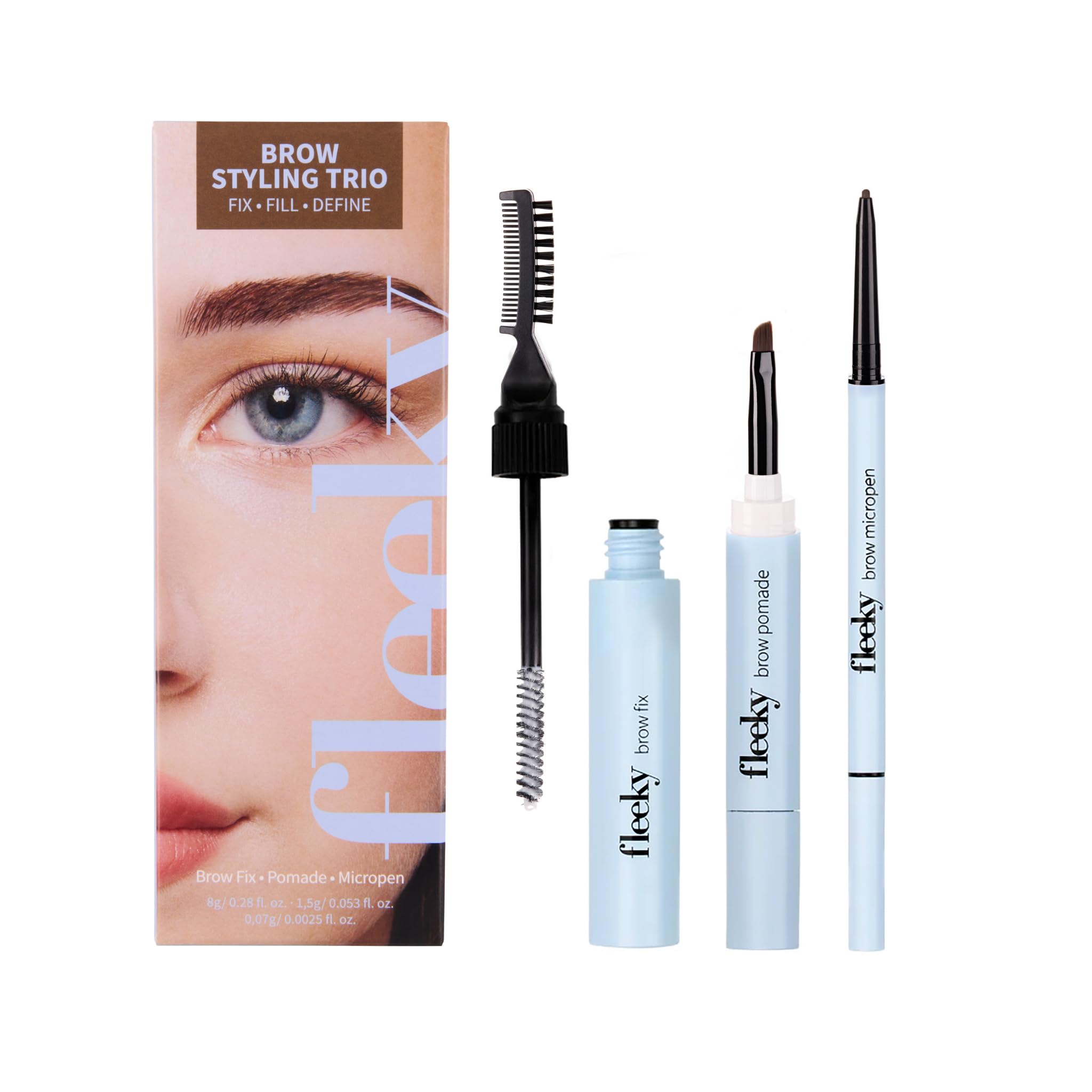 fleeky Augenbrauen-Set Brow Fix, Pomade & Micropen 3in1 - Perfekte Form Schattierung Füllung & Definition für natürliche wischfeste Ergebnisse (brown)