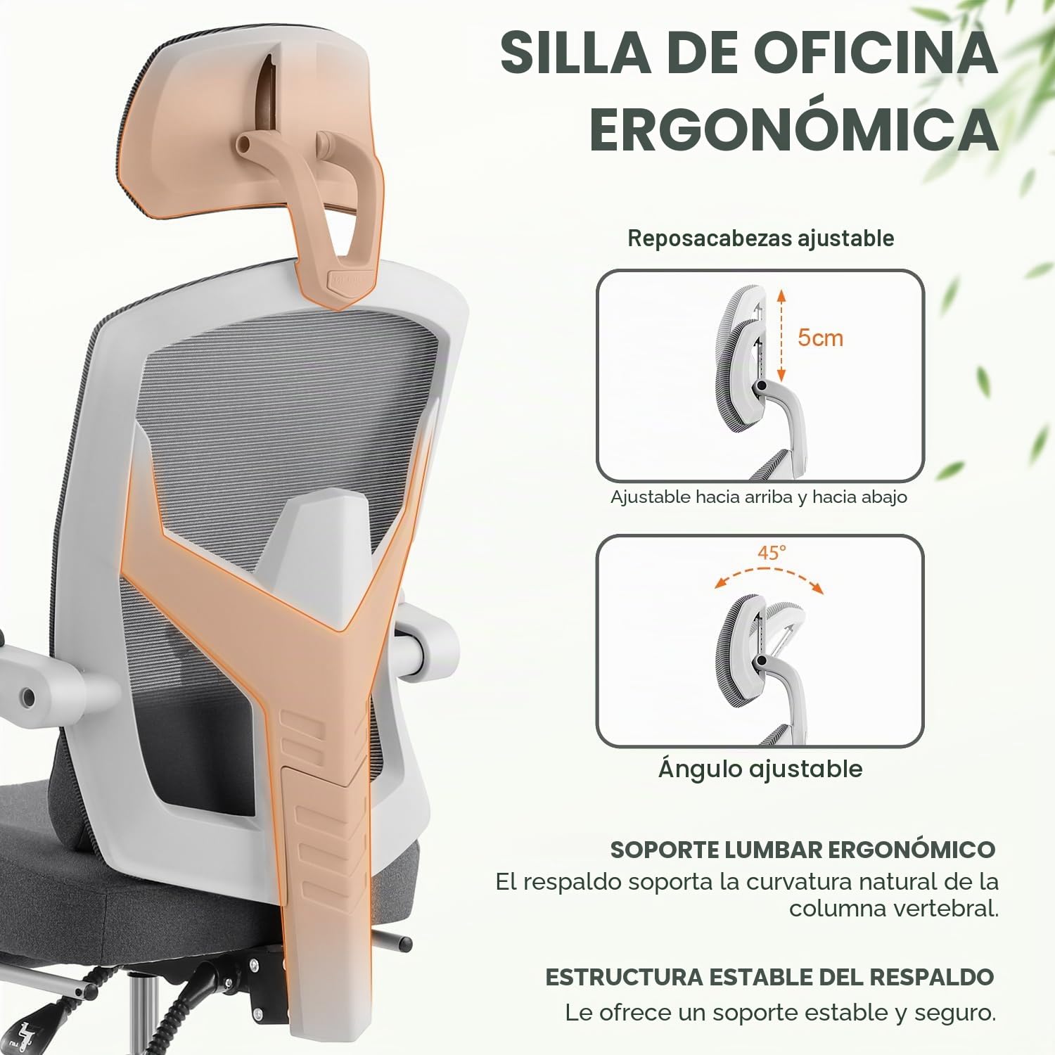 DUMOS Silla de Oficina Ergonómica: Adecuada para el hogar y la oficina, con Soporte Lumbar y Reposapiés, Gris