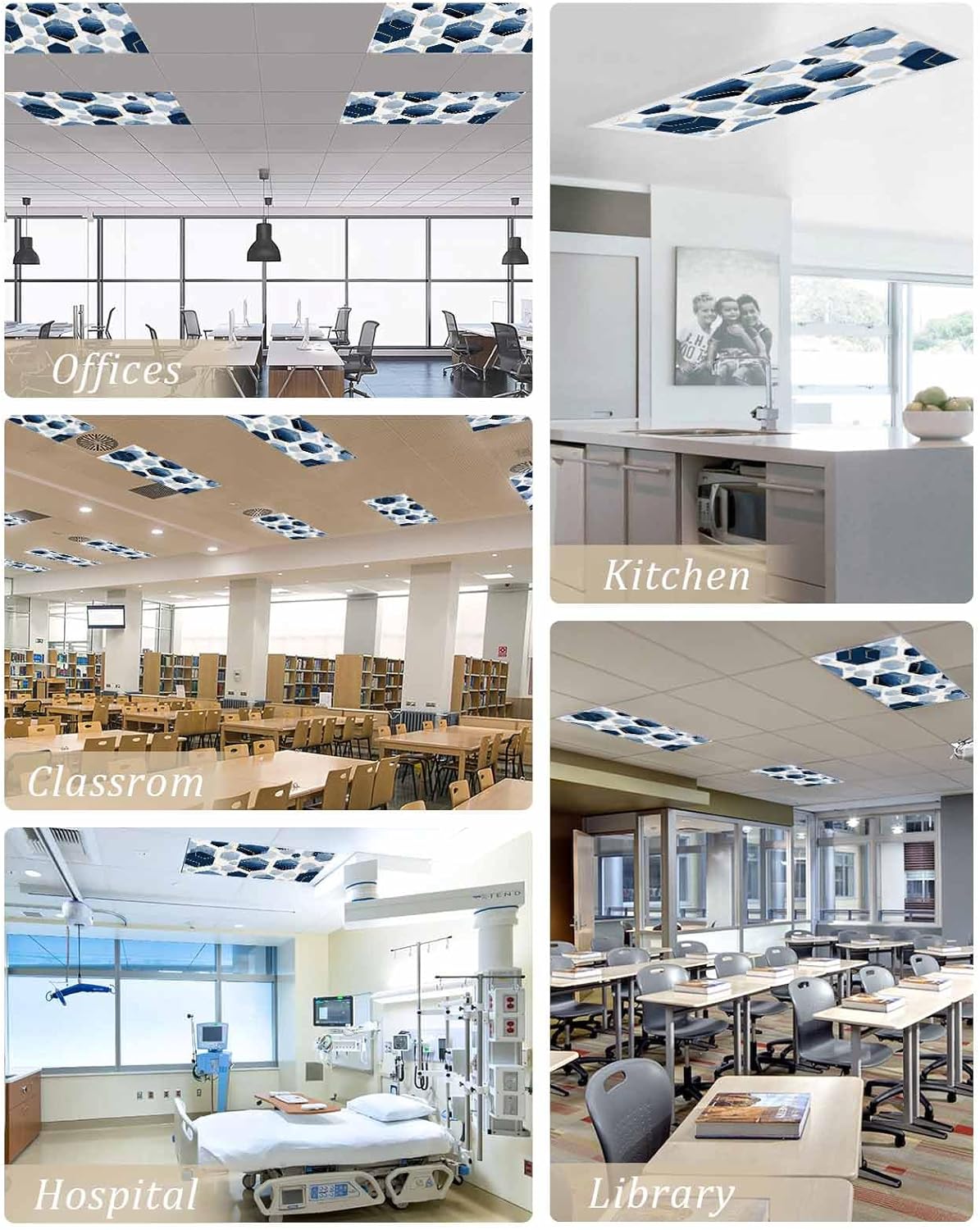 Magnetic Light Cover for Classroom Drop Ceiling,4 Pack 4x2 Ft Modern Navy Blue Color Block Gold Line Art Fluorescent Light Covers for Office Home Ceiling Light Lampshade