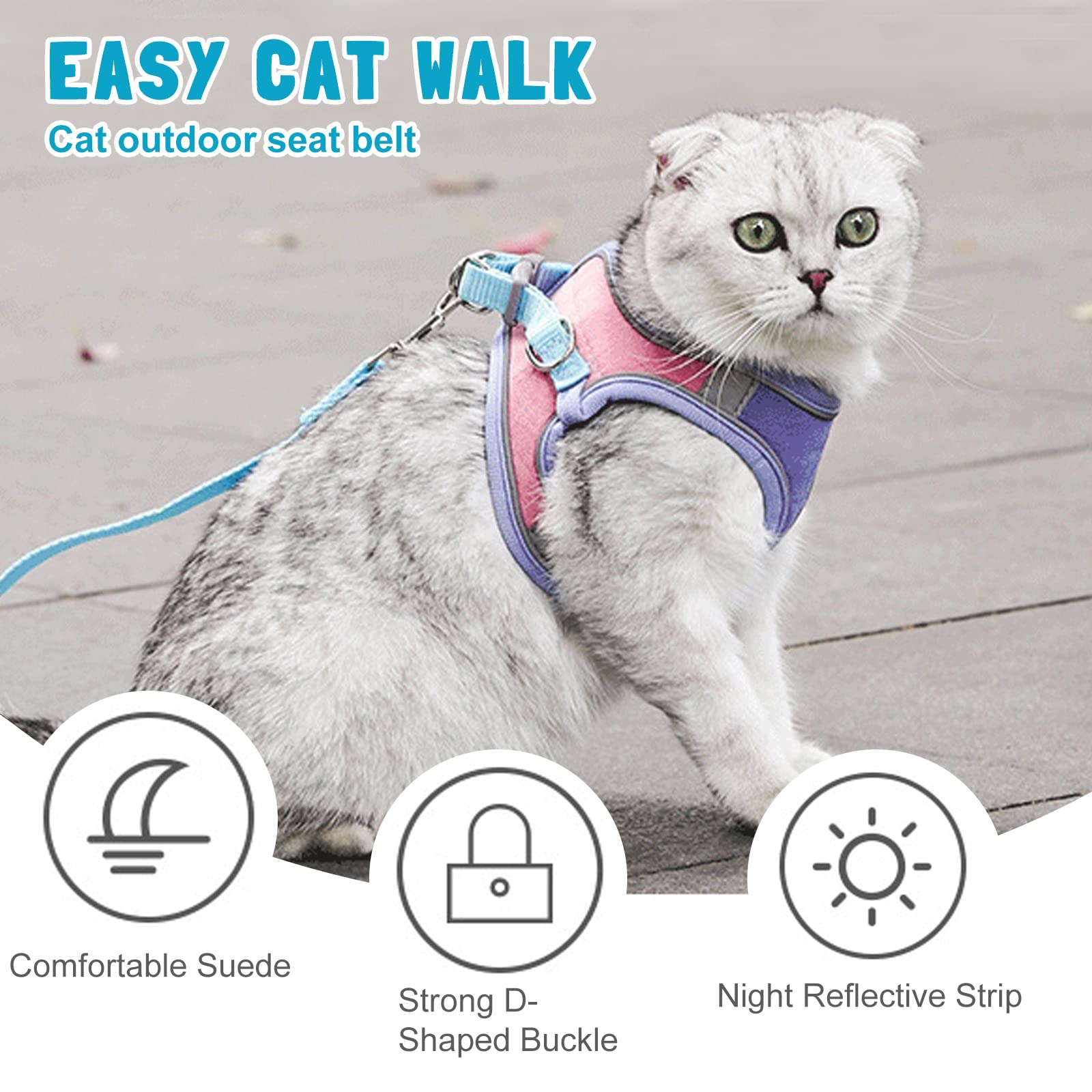 PETCUTE Traspirante Pettorina Gatto con Guinzaglio,Pettorina per Gatti Antifuga,Regolabile e Leggera,Imbracatura per Gatti Antifuga con Rete Traspirante e Strisce Riflettenti,Passeggiate all'aperto