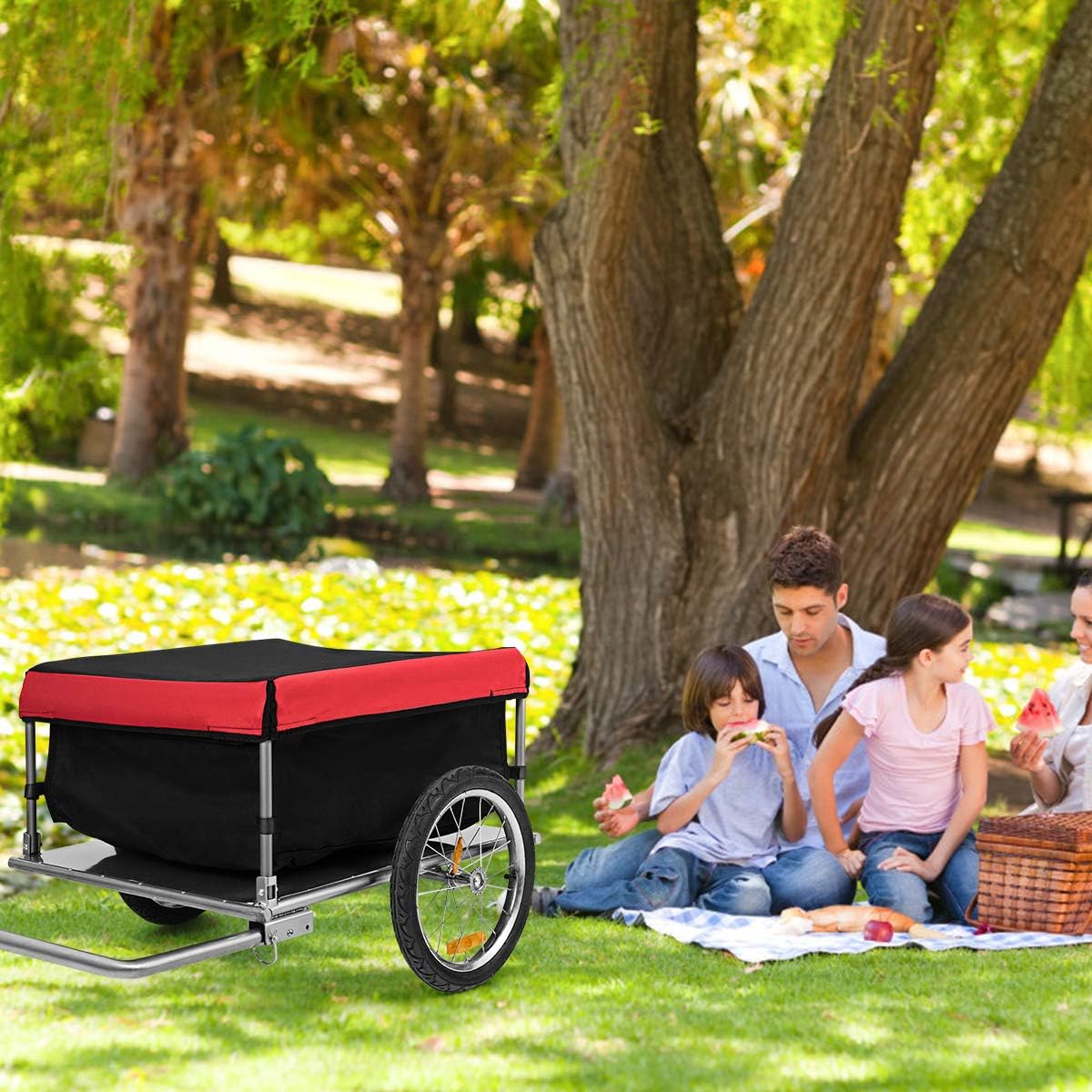 IRONMAX Bike Cargo Trailer, Folding Wagon Cart with 16'' Wheels & Waterproof Cover, Heavy Duty Bicycle Trailer Cargo Carrier w/Hitch, Bike Storage Cart for Hauling Groceries, Luggage, Tools