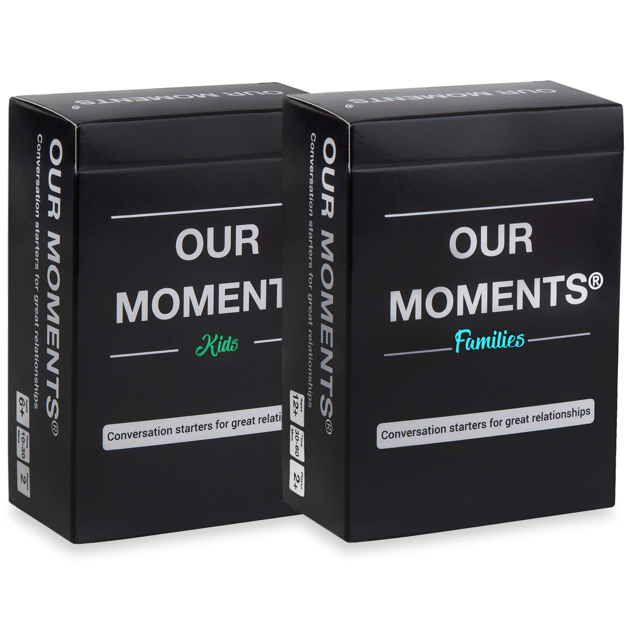 OUR MOMENTS Parents Bundle: 200 Thought Provoking Conversation Starters for Parent-Child Relationship Building - Fun Car Travel, Road Trip Card Questions Game for Families (2 Decks: Kids + Families)