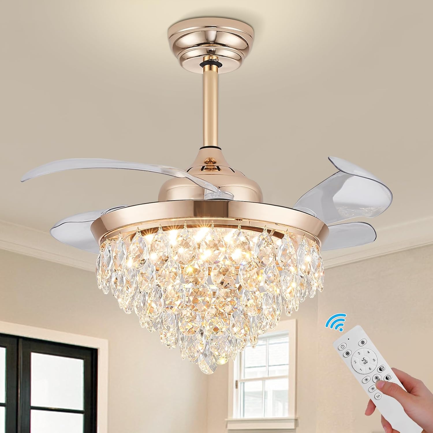 36" Dimmable Chandelier Fan with Light & Remote Controller LED Crystal Ceiling Fan Modern Crystal Fandeliers with Noiseless Motor for Bedroom Dinning Room Living Room Office (Gold)