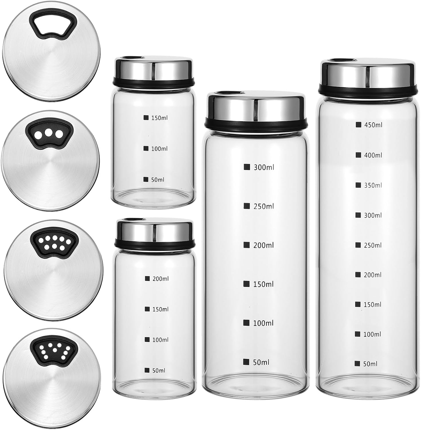 Kifmurase 4Pcs Salt Pepper Shakers with Adjustable Outlet Holes, 4 Sizes Clear Glass Shaker Bottles, Salt Shakers for Kitchen, Spice Seasoning Cans for Kitchen Decor Home Restaurant BBQ Camping