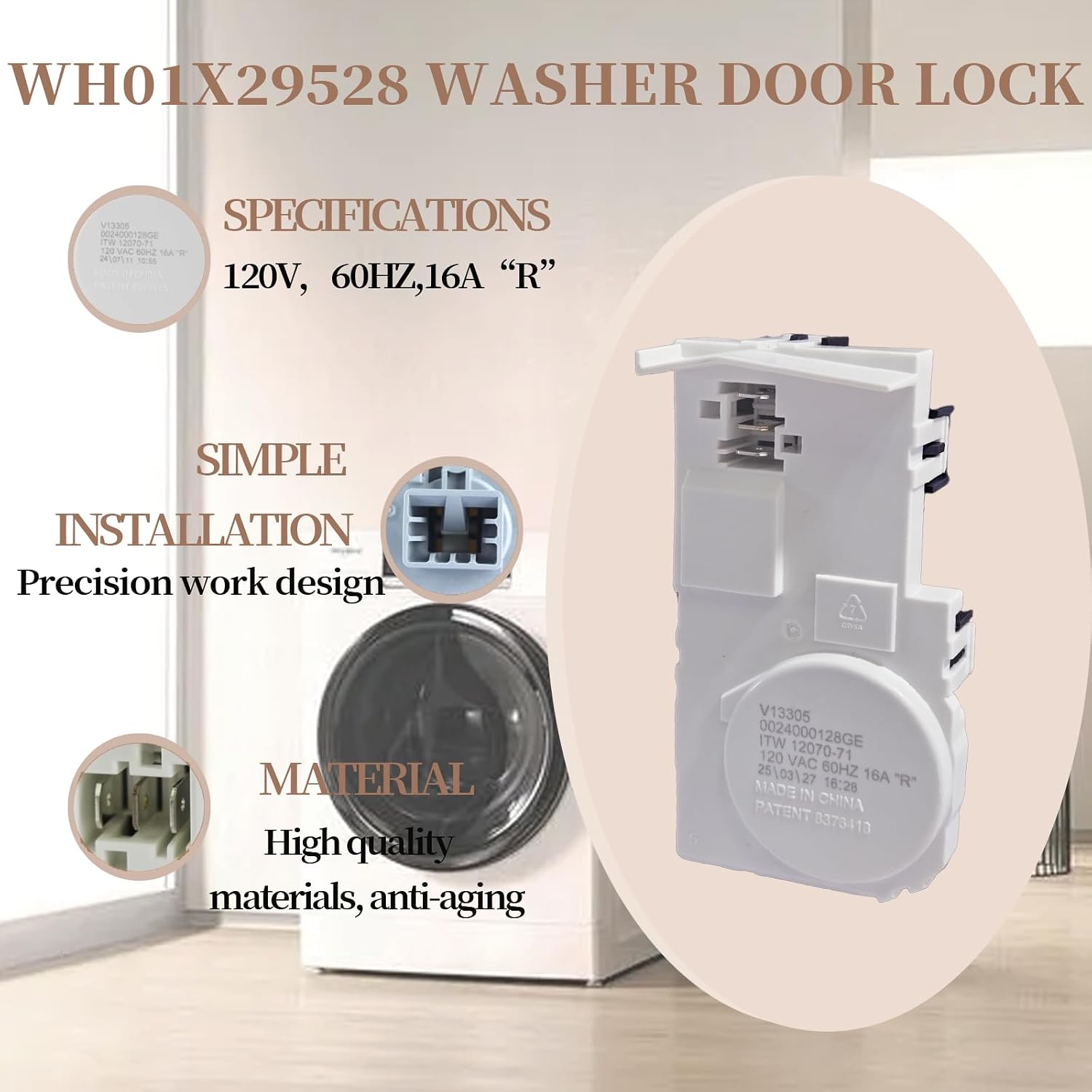 WH01X29528 Washer Door Lock, Compatible GE Front Load Lid Switch | 2026 Upgraded latch for GE front load. Cross-ref WH08X37938, WH44X10288. Reinforced design resists wear & errors.