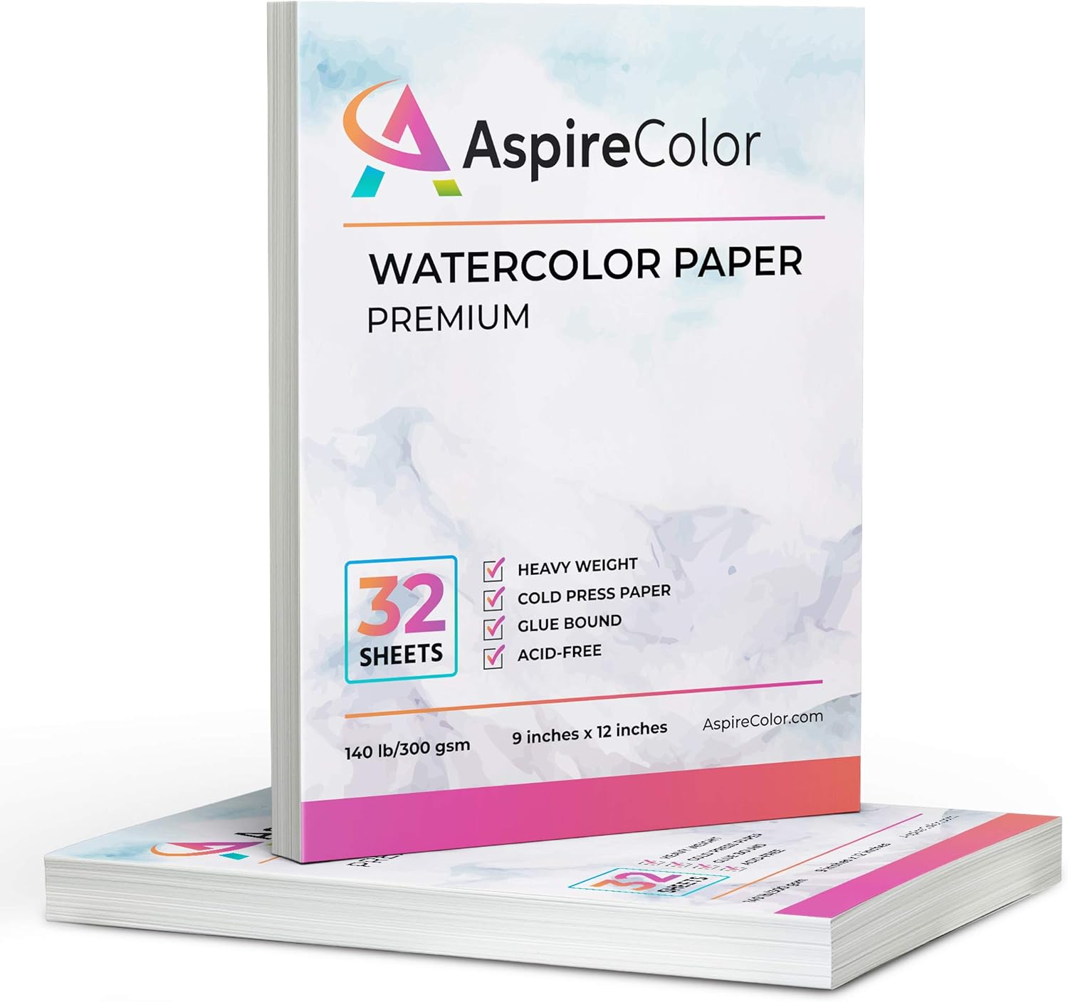 New AspireColor Watercolor Paper 140 lb Cold Press 9x12 Inch, Pack of 2, 64 Sheets (140lb/300gsm) - Heavy Weight Watercolor Sketchbook Paper for Painting, Watercolor, Mixed Media with Easy-Tear Sheets