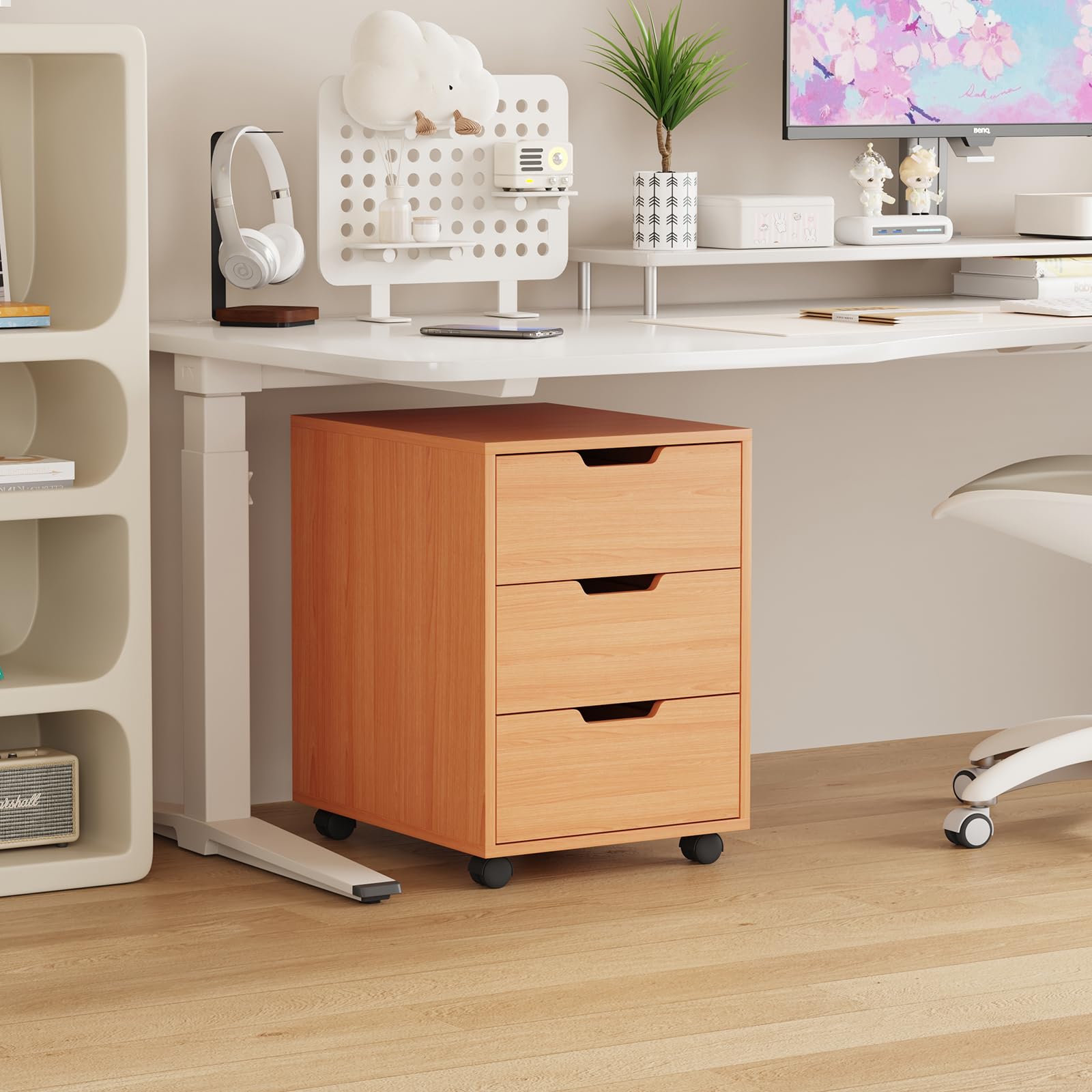 Rangement de Dossiers Mobile avec 3 Tiroirs, Caisson de Bureau en Bois, Meuble Rangement Bureau sur roulettes pour Documents, Caisson de Rangement pour Bureau à Domicile, non Verrouillable, Hêtre