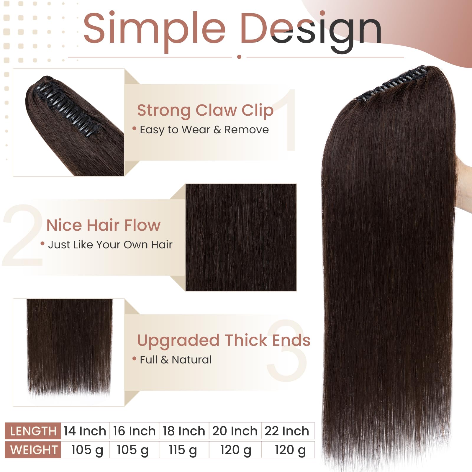 Elailite Claw Clip Ponytail Hair Extensions Real Human Hair Natural HairPiece Straight (#2 Dark Brown, 22 Inch) - Image 4