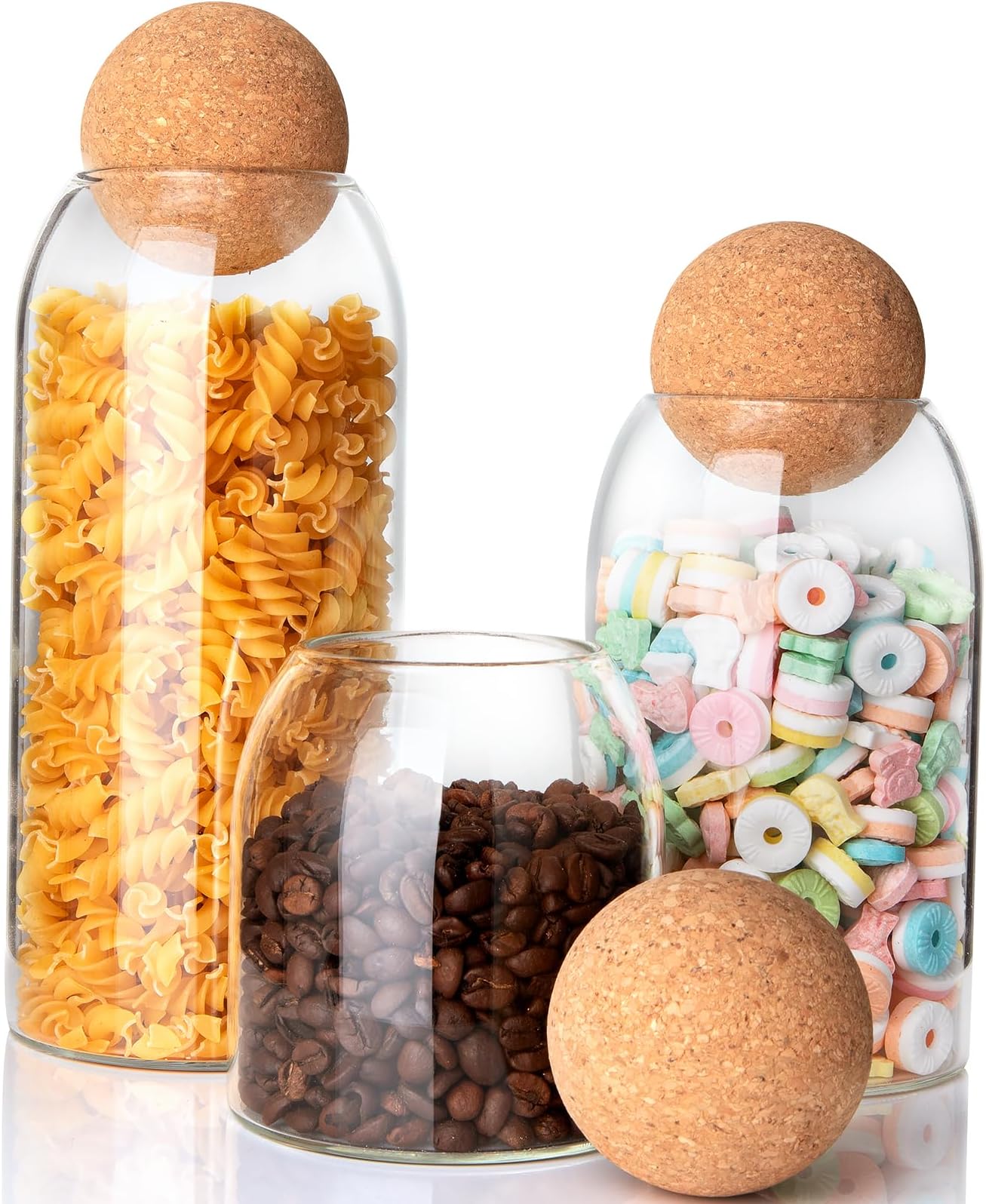3Pcs Glass Storage Container with Round Ball Cork,Coffee Bean Jar Cork Clear Stripe Glass Bottles with Canisters for Food, Coffee, Sugar, Spice, Tea,DIY (Clear)
