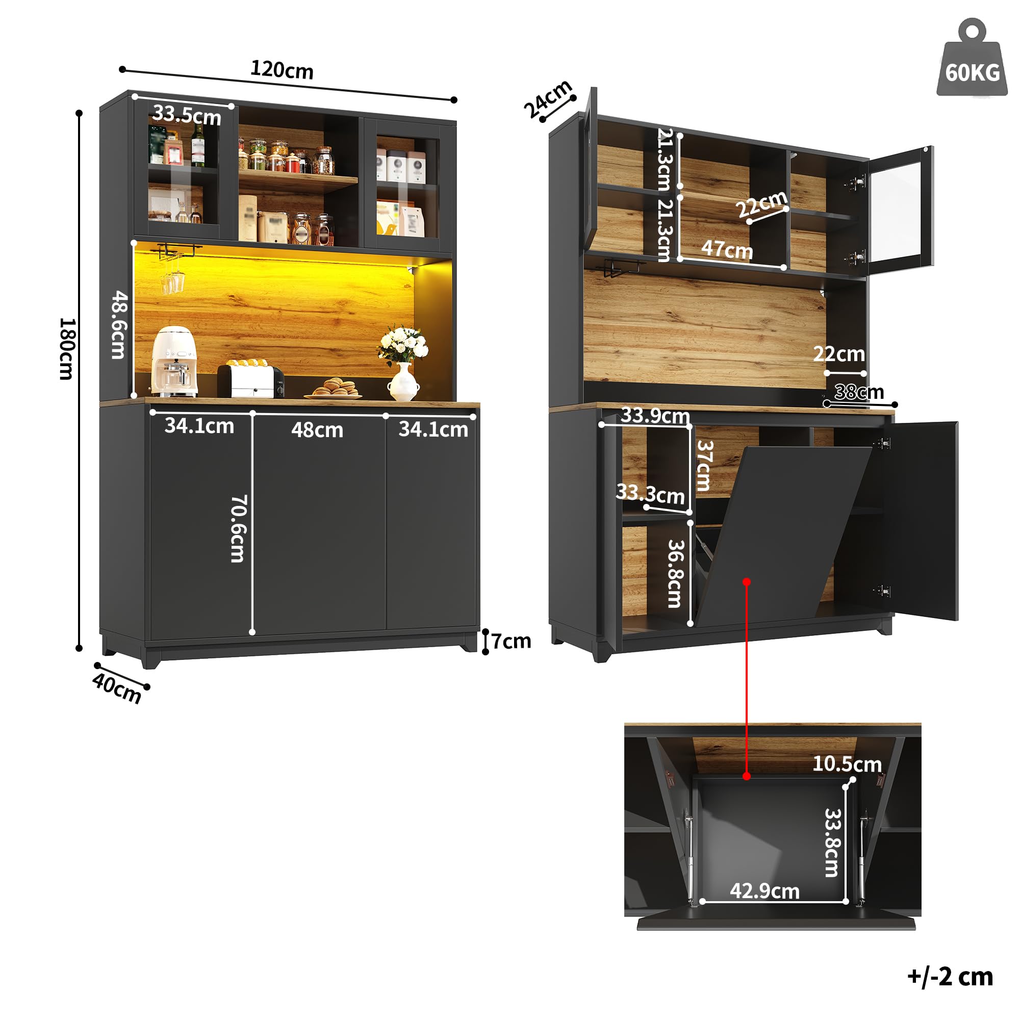 Armadi da cucina (120 × 40 × 180 cm), tavolini alti da cucina, credenze con ante in acrilico, nero