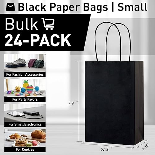 Miniatura 2 de SUNCOLOR Bolsas de regalo negras con asas, paquete de 24 bolsas pequeñas de papel kraft para fiestas, 7.9 x 5.12 x 3.15 pulgadas con papel de seda