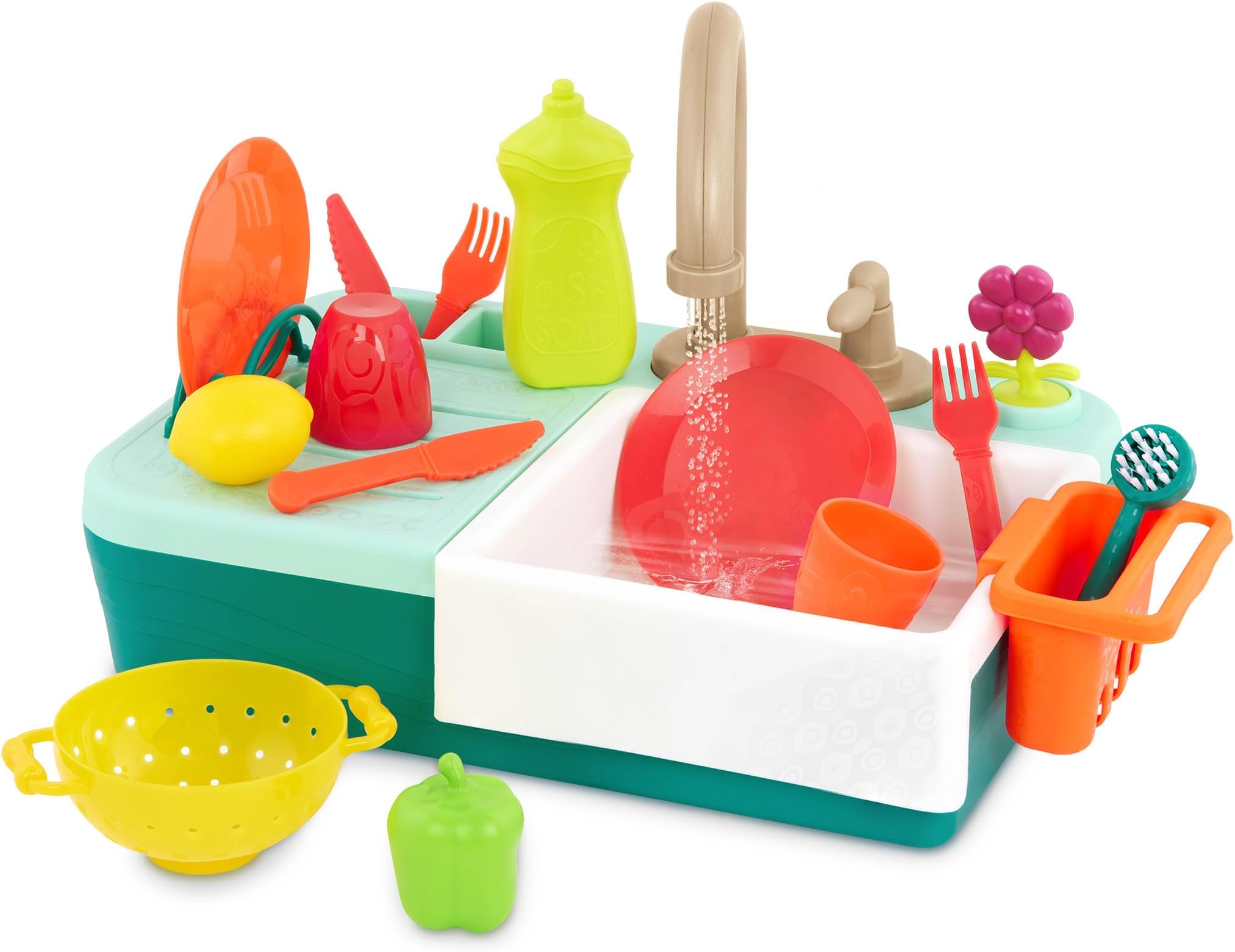 B. toys – Sink Play Set – Toy Kitchen Sink – Faucet & Running Water, Dishes, Play Food – Pretend Play Set for Kids – 3+ Years– Splash – n – Scrub Sink