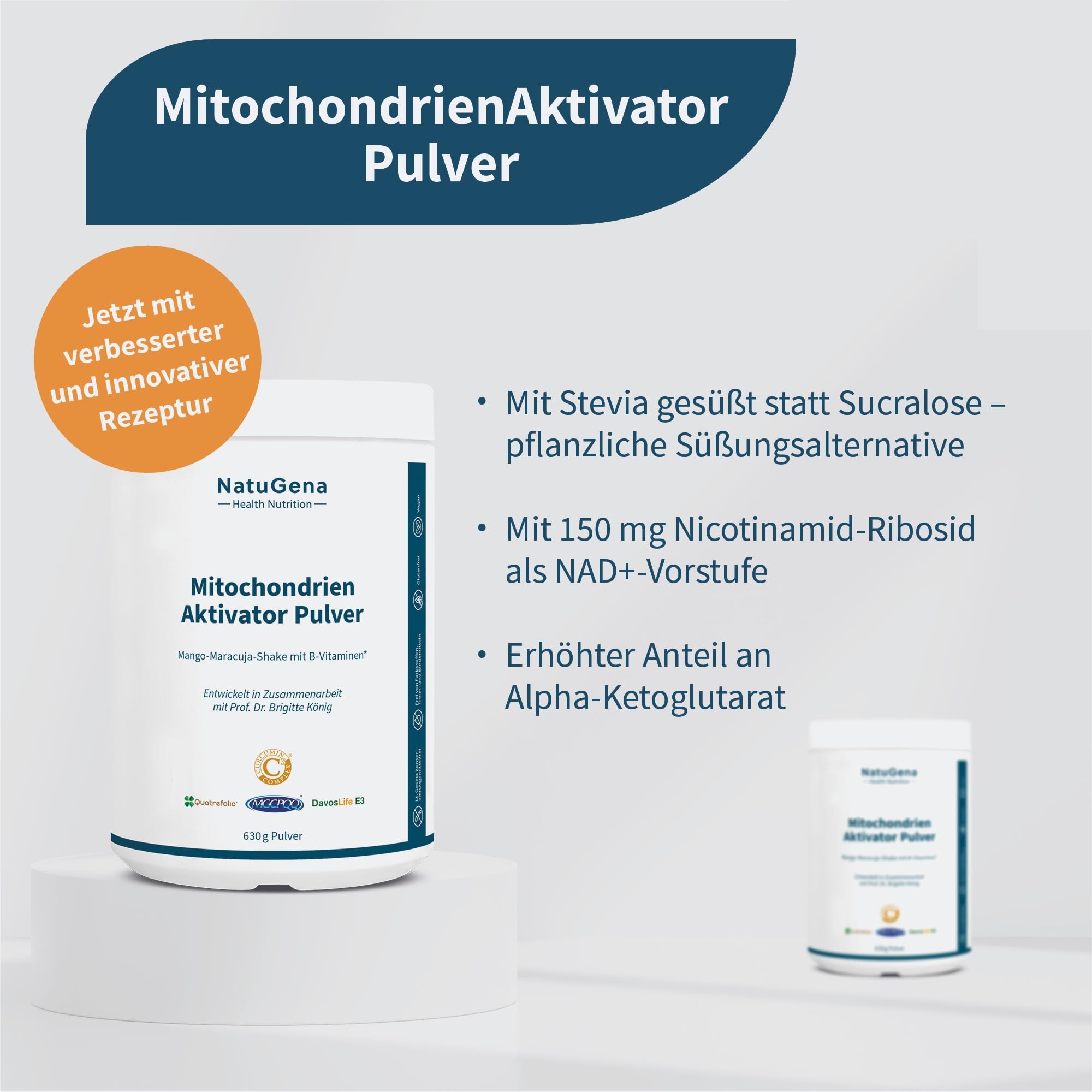 NatuGena Mitochondrien Aktivator Pulver - 2000 mg Kreatin, 1033 mg D-Ribose 1666 mg Taurin, hochwertige Mikronährstoffe, Mango-Maracuja-Shake, vegan, 633g Pulver (30 Tage-Packung)