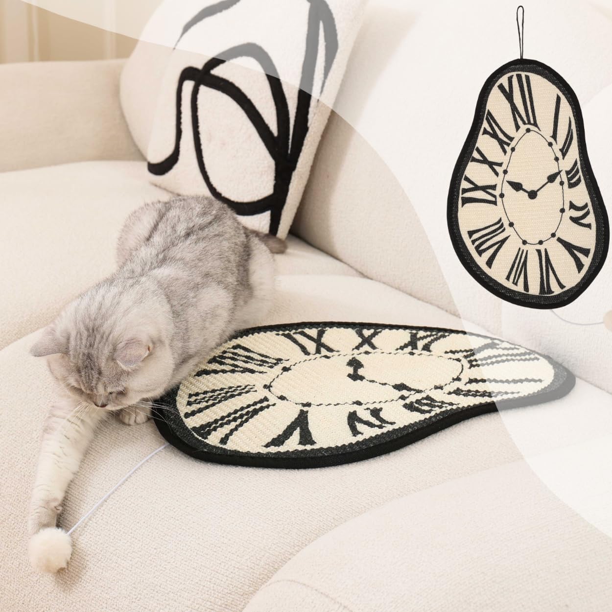 Melting Clock Cat Scratching Mat – Salvador Dali Inspired Hanging Sisal Pad with Catnip Pompom, Unique Artistic Cat Furniture & Wall Protector (21.7 x 13.8 inches)