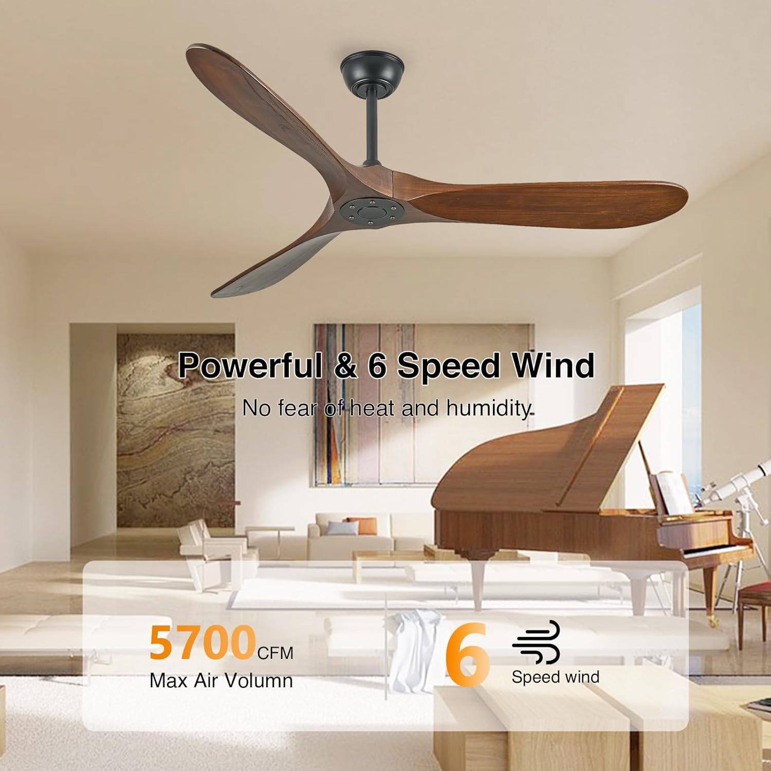 60 Inch Wood Ceiling Fan No Light: Indoor outdoor Ceilingfan Natural Wooden Blades Quiet DC Reversible Motor Remote Control for Bedroom Living Room Patio Porch Farmhouse