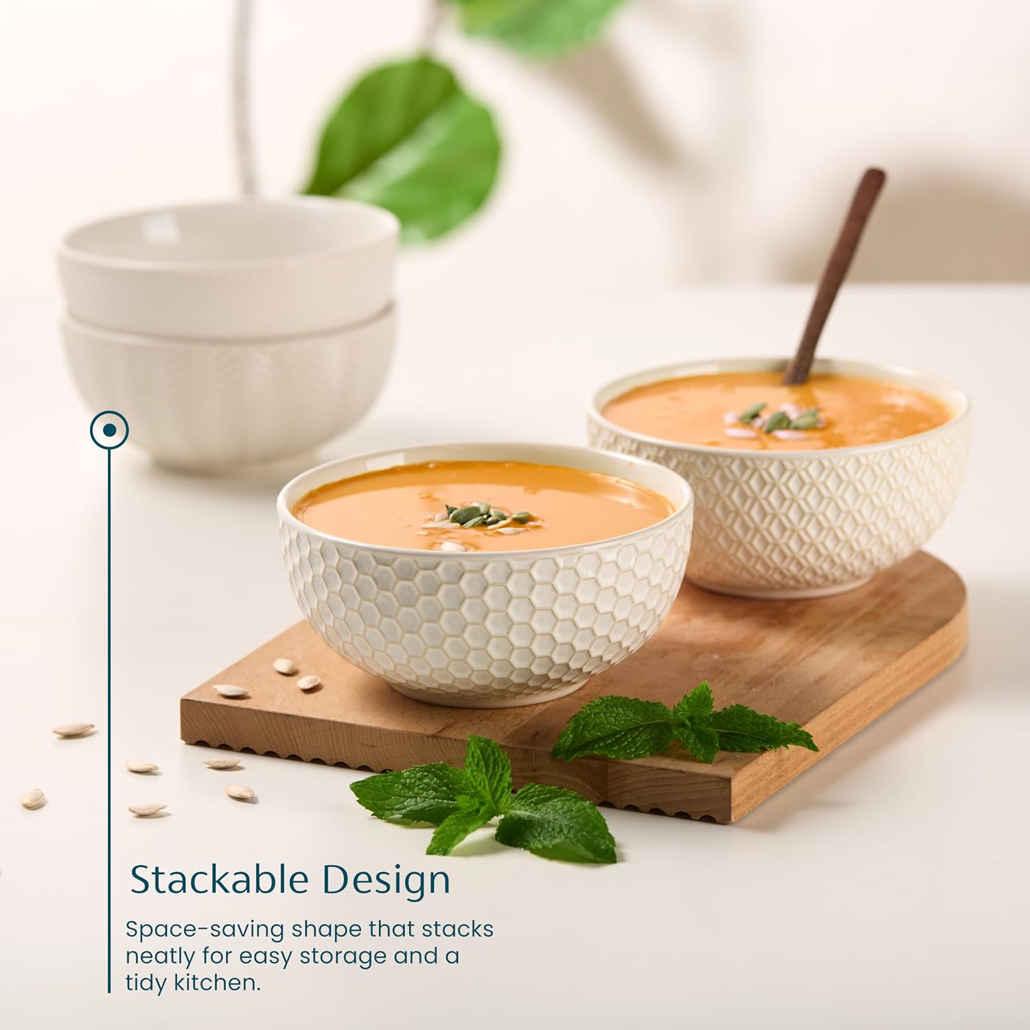 KooK Ceramic Soup Bowls, Embossed, Oven Safe, 30 oz, Set of 4, Ivory image 2