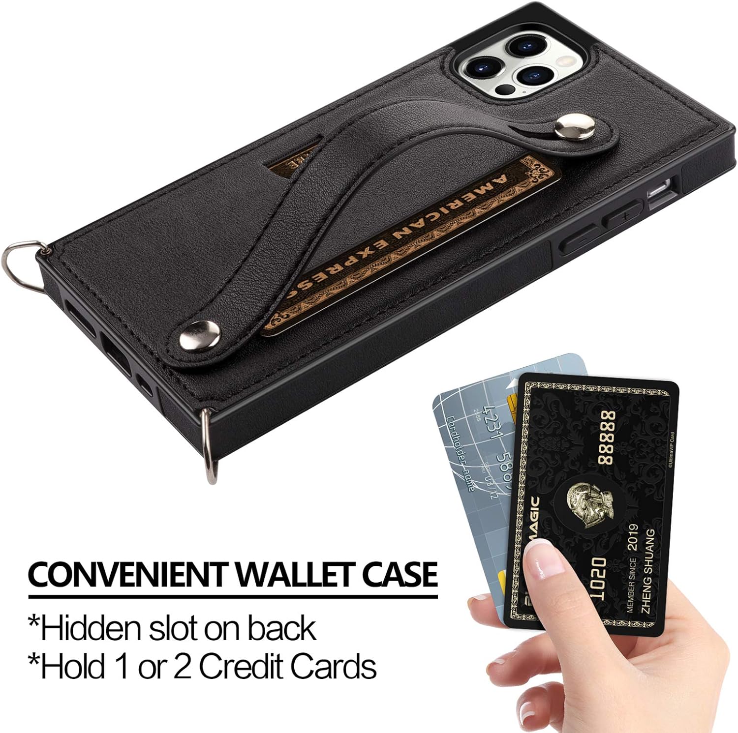 HianDier Wallet Case Compatible with iPhone 12 Pro Max Case 5G 6.7-inch Slim Protective with Hand Strap Holder Kickstand Lanyard Credit Card Slot Soft PU Leather Square Cover, Black