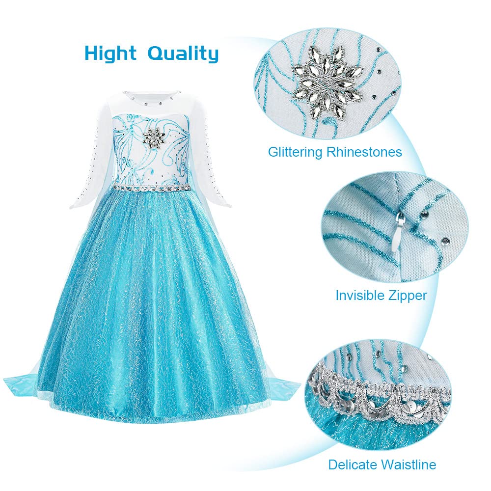URAQT Costume di Elsa, Set da Principessa Elsa Corona Bacchetta Guanti Treccia, Costume di Cosplay Party Halloween Costume Abito delle Ragazze di Natale Vestito Fantasia (Verde Chiaro-140)