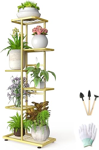 Soporte para plantas de 6 niveles dorado para interiores y exteriores, estante de metal para esquinas actualizado para múltiples plantas, con