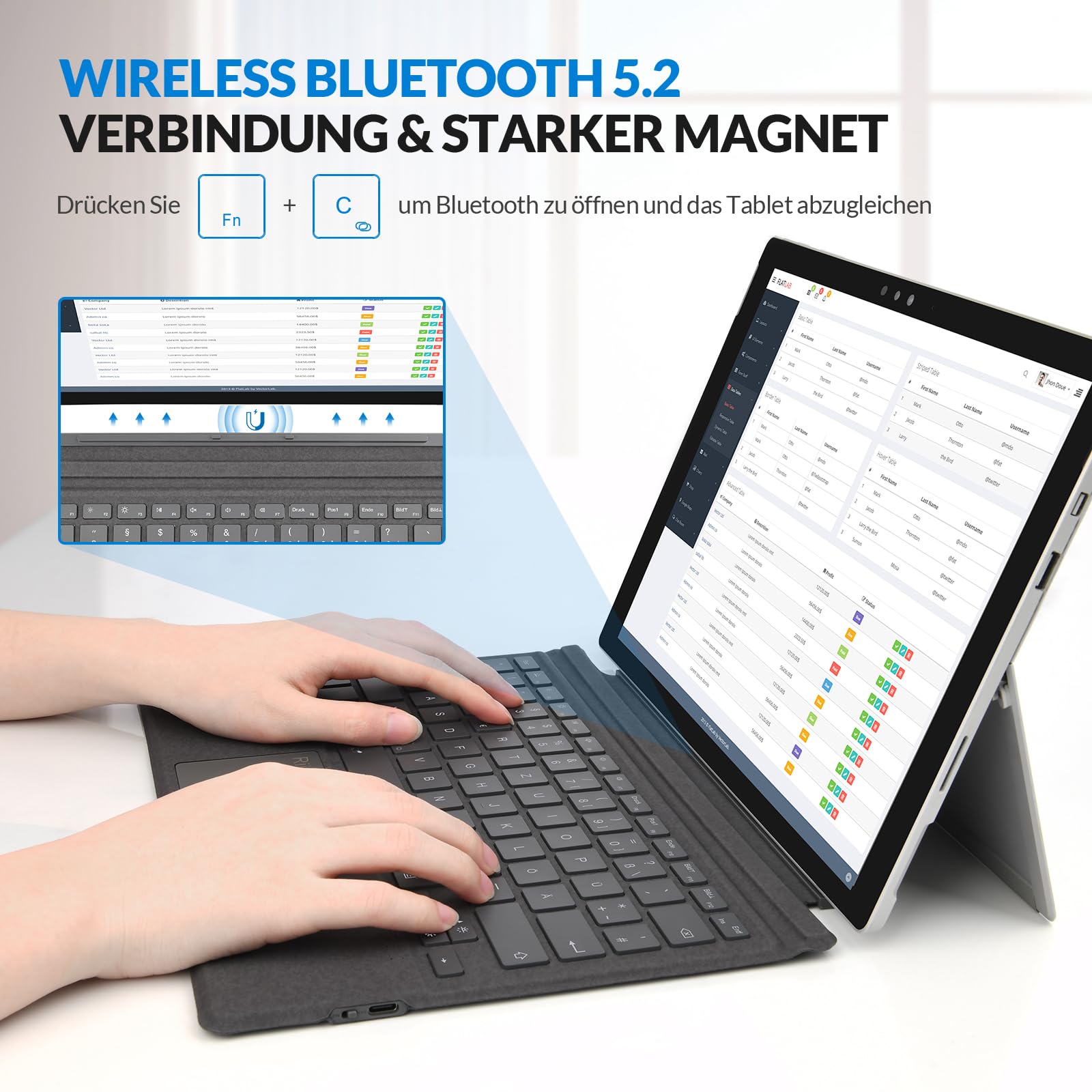 Rii Surface Tastatur für Surface Pro 7 Plus/7/6/5/4/3, Bluetooth 5.2 Mit Touchpad und 7-Farbiger Hintergrundbeleuchtung - Grau (QWERTZ, Deutsches Layout)