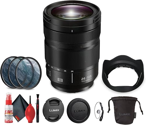 Panasonic Lumix S 24-105mm f/4 Macro O.I.S. Lens (S-R24105) Bundle Including: Lens Hood, Lens Caps, Filter Kit, Lens Pouch, Full Cleaning Kit, Lens Cap Keeper