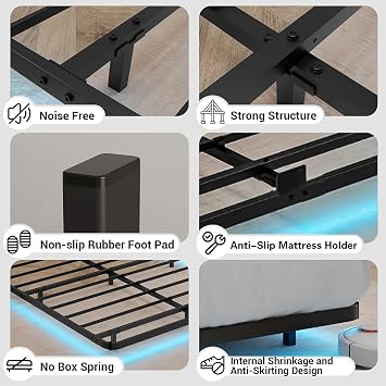 Queen Floating Bed Frame Queen Size with LED Lights Metal Platform Bed No Box Spring Needed