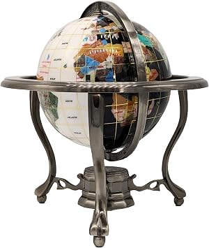 Unique Art 10-Inch by 6-Inch White Jade and Black Onyx Ocean Table Top Gemstone World Globe with Gold Tripod