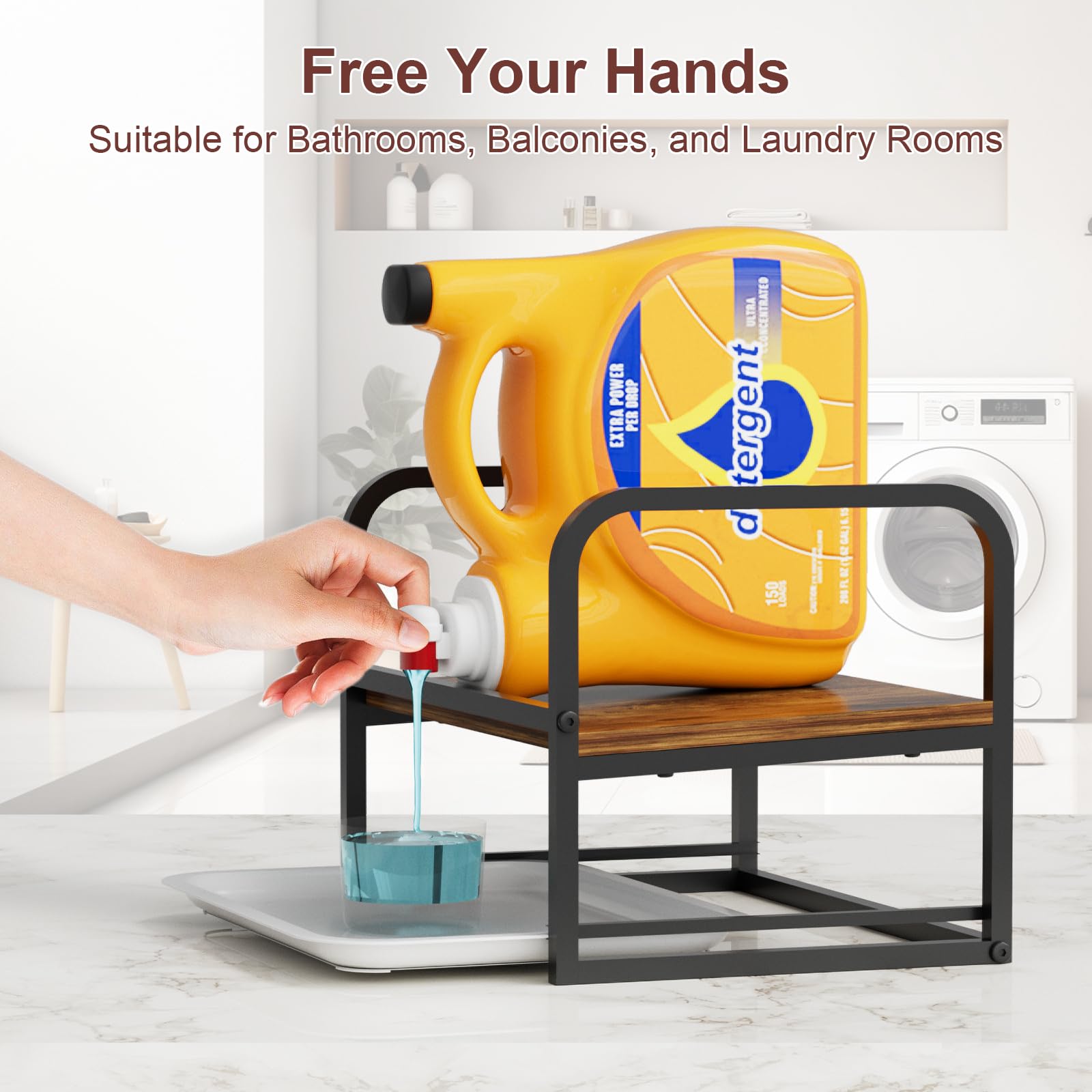 Soporte de madera para detergente para lavandería, dispensador de jabón de detergente líquido de lavandería con bandeja de goteo, para organización y almacenamiento de lavandería, color negro