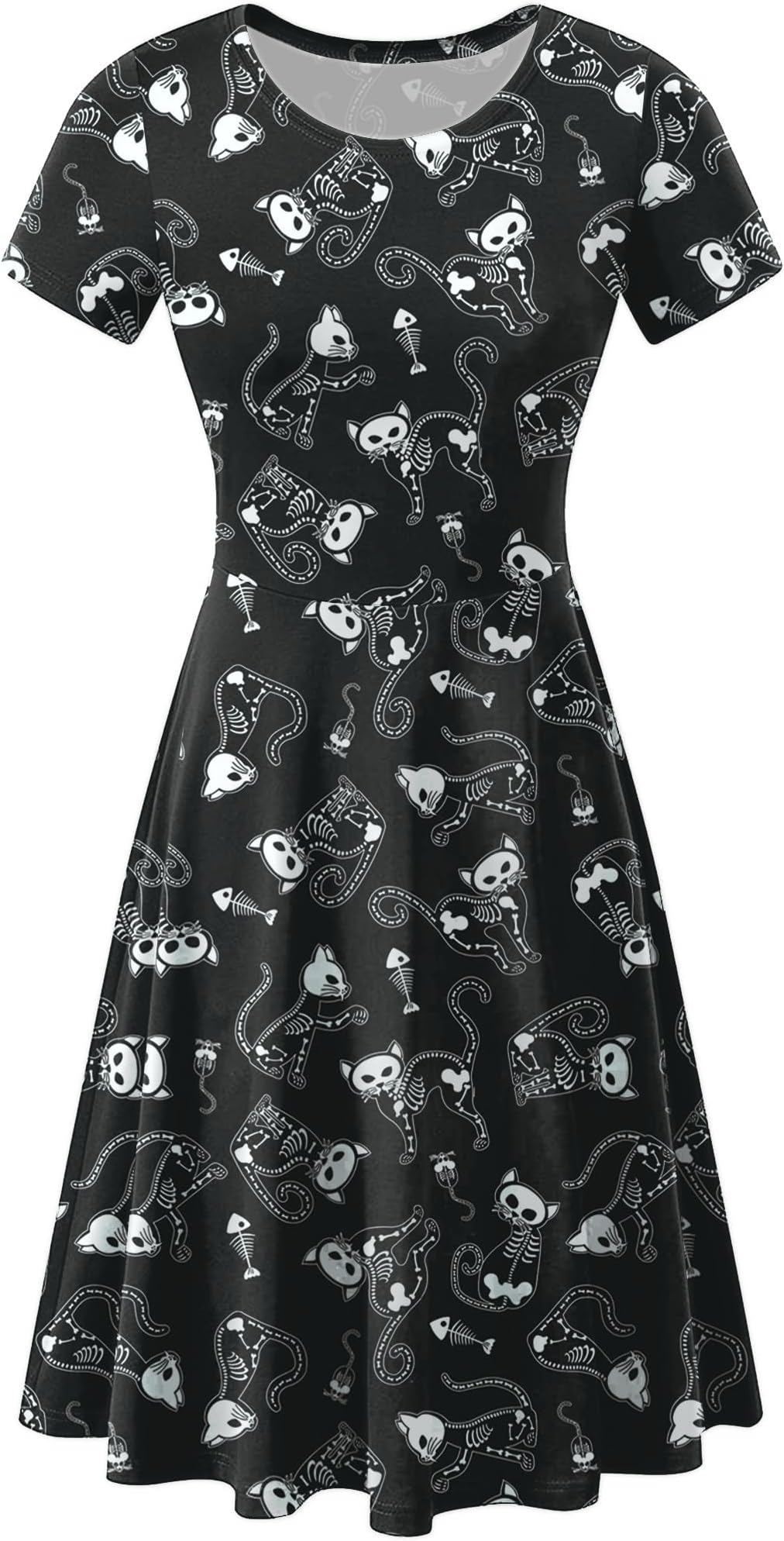 Women Halloween Short Sleeves Printed Dress Vintage Style A-Line Party Dresses