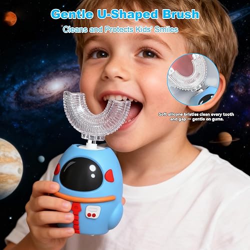 Miniatura 4 de FTOYIN Cepillo de dientes eléctrico para niños, cepillo de dientes en forma de U con 4 cabezales de cepillo, limpieza ultrasónica de 360, 5 modos,