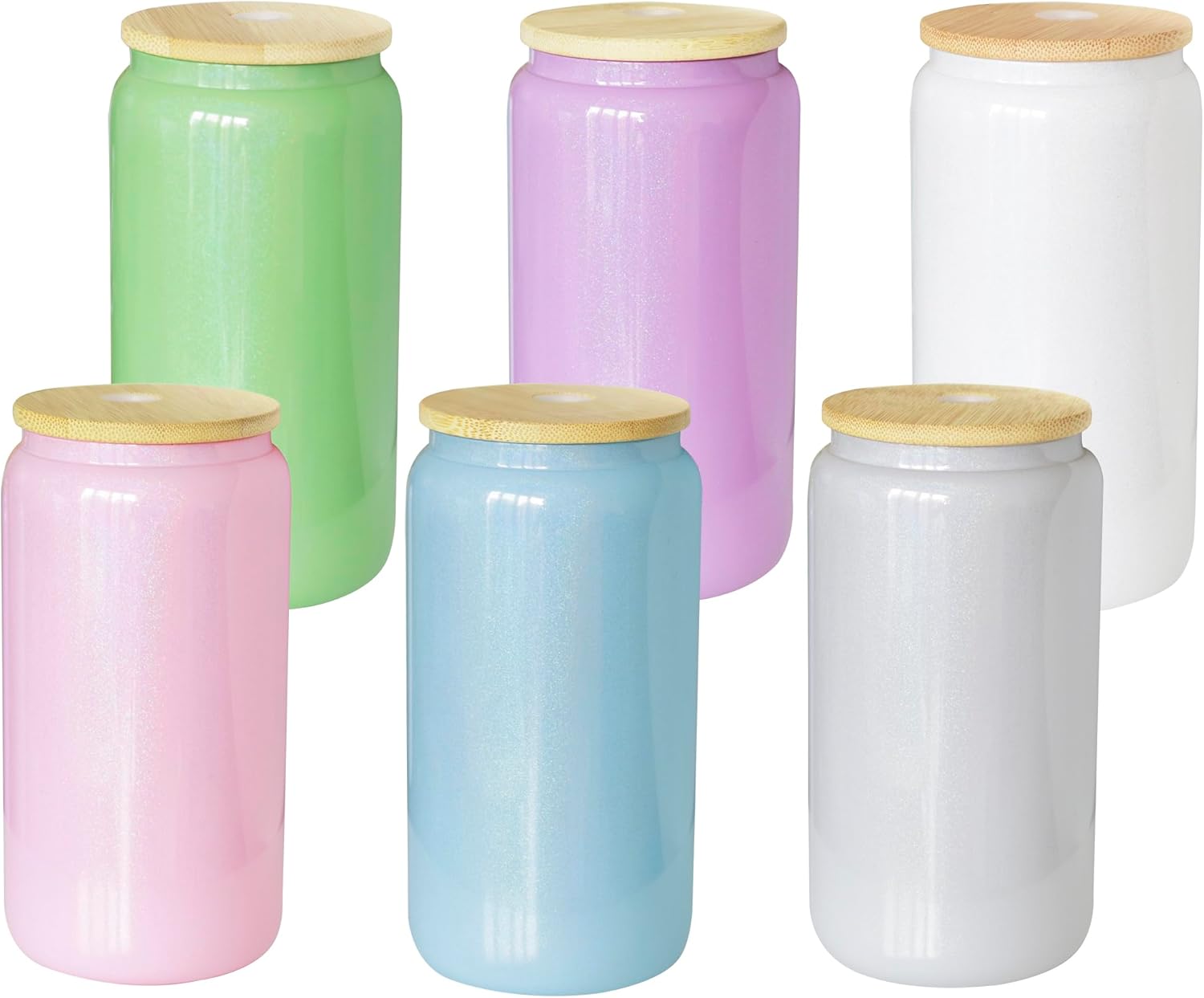 6 Pack Sublimation Glass Cups Blanks with Bamboo Lid and Straw Iridescent Sublimation Glass Can Tumblers Sparkling Rainbow Shimmer 16oz Sublimation Beer Glasses Can Iced Coffee Cup