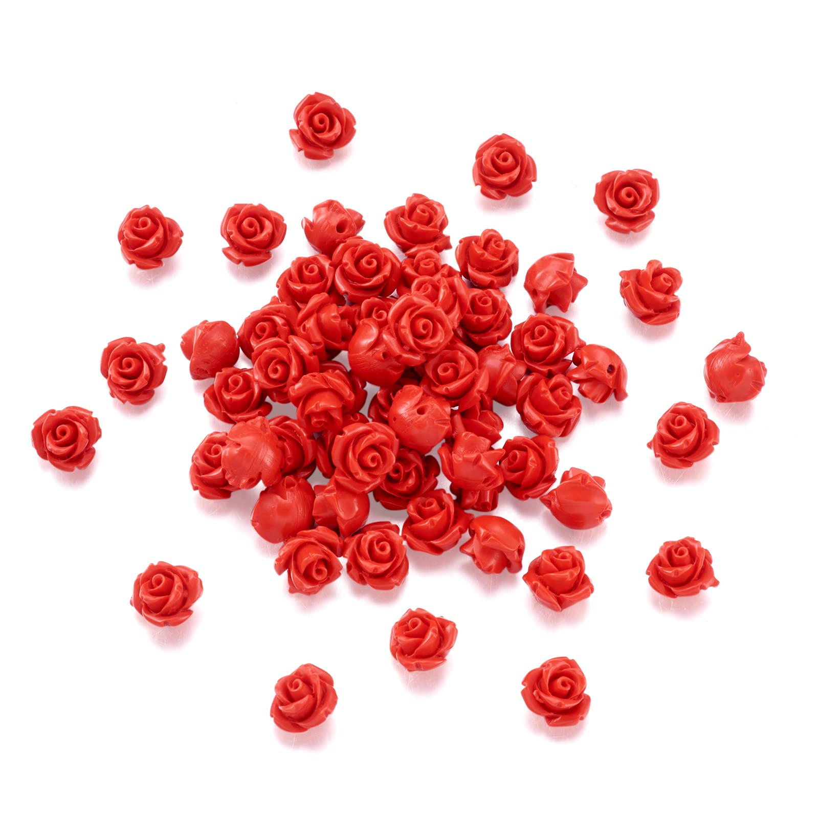 Craftdady 100pcs Red Rose Flower Beads Spacers 10mm Carved 3D Rose Flower Beads Flat Back for Mother's Day Necklace Bracelet Earrings Jewellery Making, 1.5mm Hole