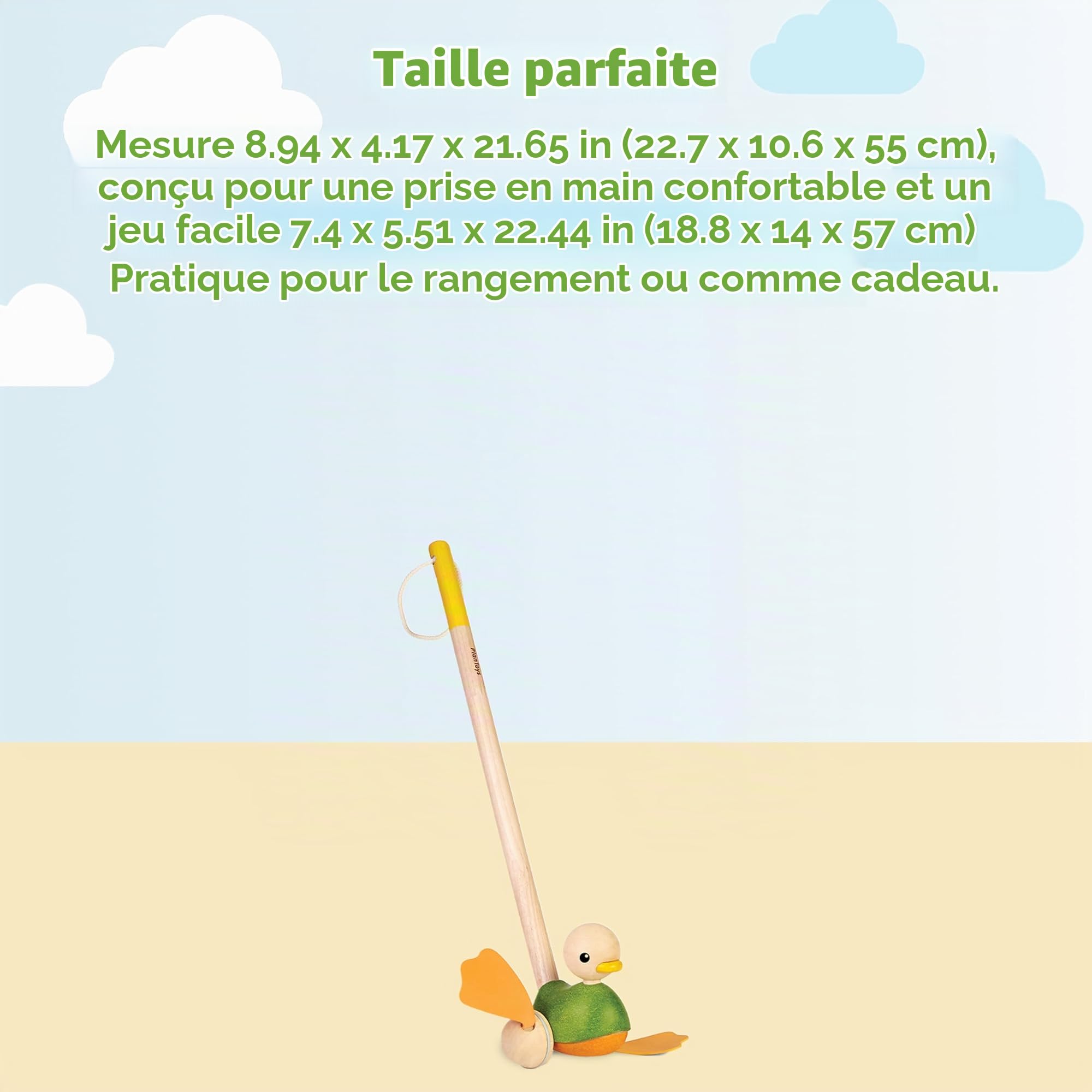 PlanToys Jouet à Pousser Canard - Animaux à Pousser en Bois dès 1 An - Canard en Bois Durable avec Bruit Flip-Flop - Jouet Éducatif pour Bébé, Wood