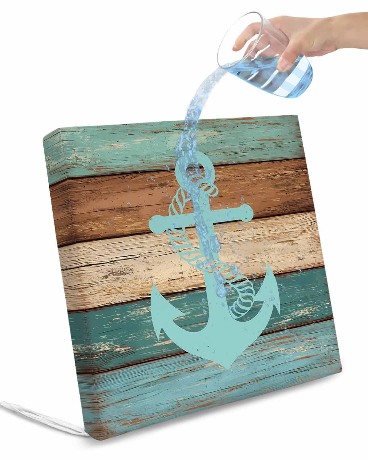 2 Pack Turquoise Anchor Waterproof Cushion Covers with Ties, Outdoor Patio Chaise Lounge Chair Seat Cushion Slip Covers Replacement(Only Cover) Nautical Brown Green Retro Wood Grain 22