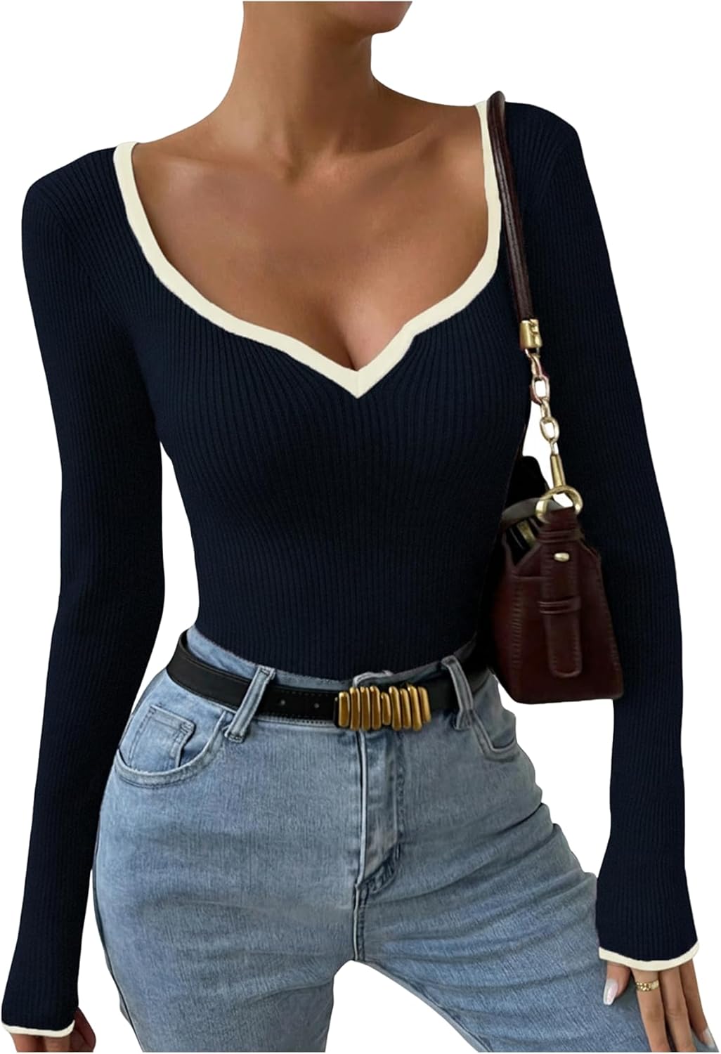 SOLY HUX Women's Fall Sweater Sweetheart Neck Long Sleeve Slim Knit Top Fall Pullover Shirts