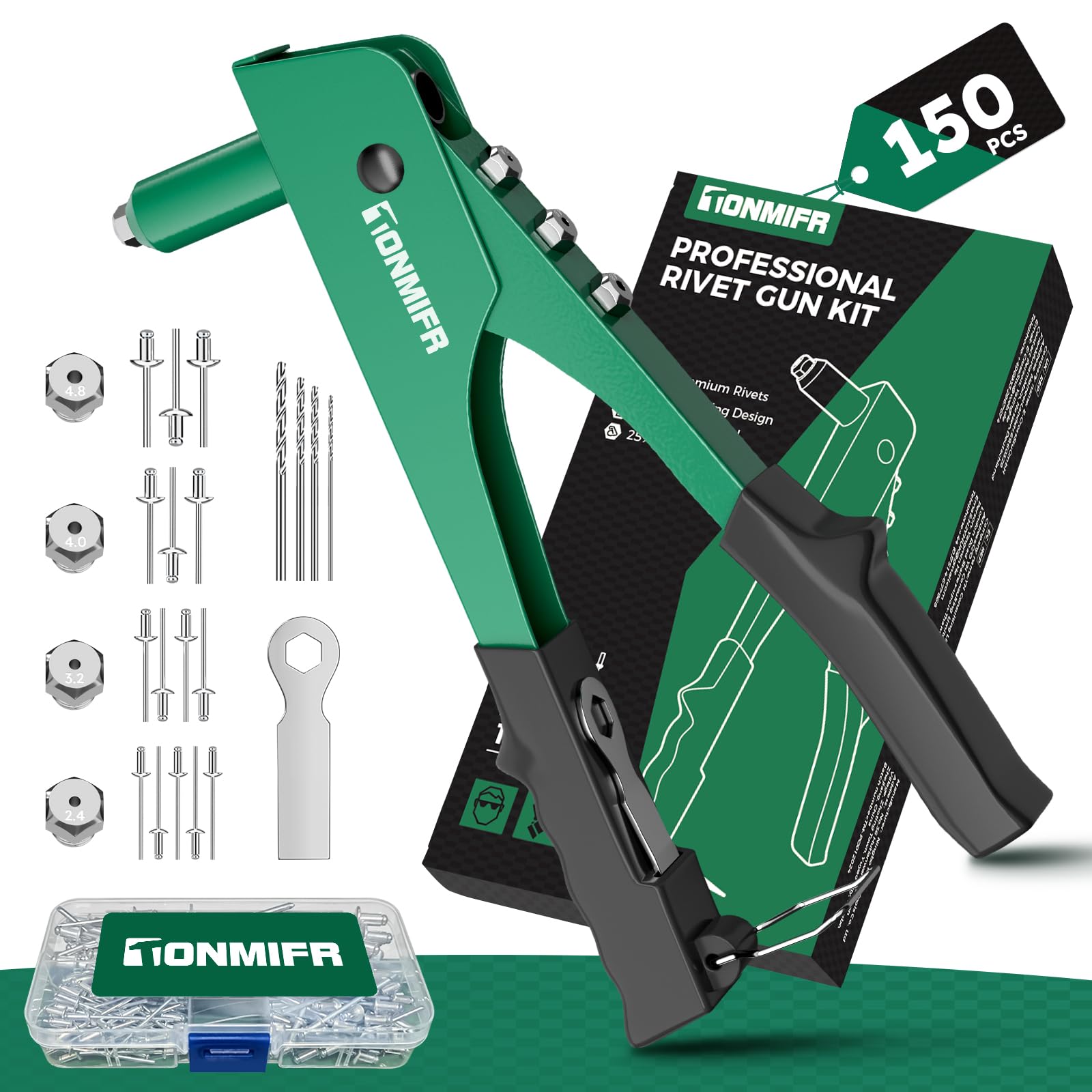 Professional 4-in-1 Rivet Gun Set with 150 Rivets and 4pcs HSS Drill bits,Pop Riveter with 4 Sizes Interchangeable Nosepieces(3/32",1/8",5/32",3/16") Manual Riveting Tool for Metal, Wooden and Plastic