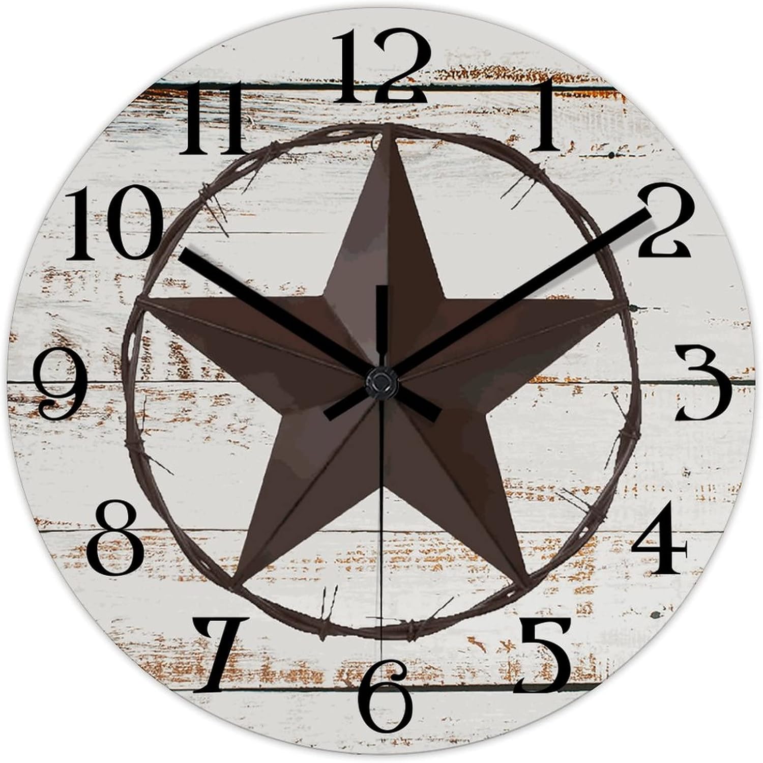 Round Farmhouse Wall Clock Western Texas Star Retro Style Wood Clock Silent Non-Ticking Battery Operated with Large Numbers Country Wall Hanging Desk Clock for Living Room Patio Patio 15 Inch