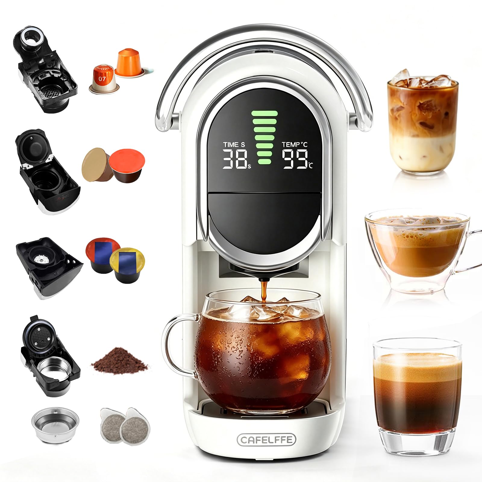 CAFELFFE Cafetera multicápsula 5 en 1 compatible con NS*/DG*/ESE*/A Modo Mio y Coffee Power, 20 bares, función de preparación fría y caliente, temperatura ajustable y 7 niveles de agua, color blanco
