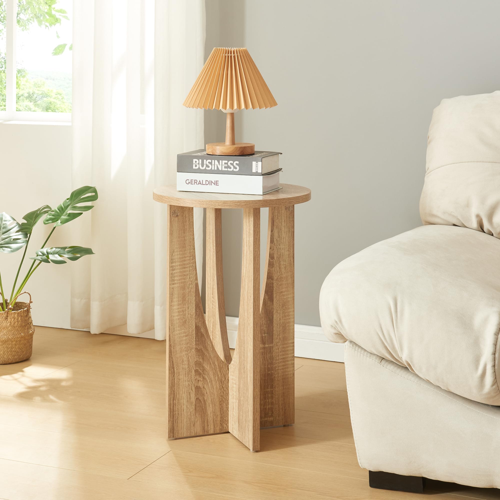 en.casa Table d'Appoint avec Plateau Rond - Bout de Canapé Recher Indic GUIH Table de Chevet pour Salon, Chambre, Bureau - Panneau de Particules - 57 x 38 cm - Effet Chêne